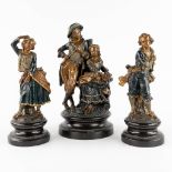 A three-piece mantle garniture, consisting of patinated terracotta figurines. (H:36 x D:18 cm)