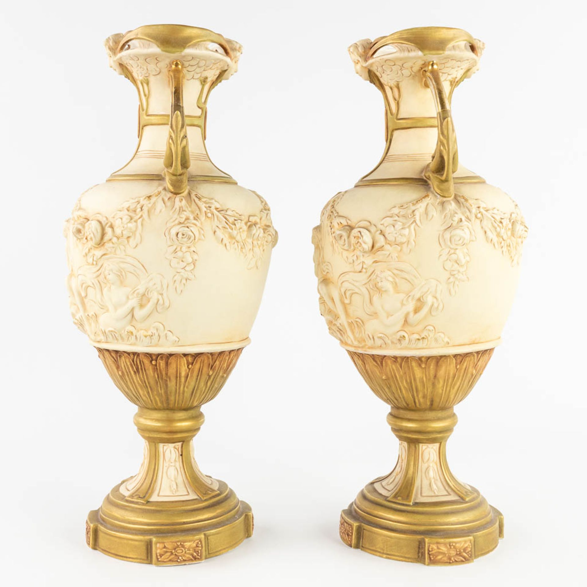 Royal Dux, a three-piece mantle garniture consisting of a statue and two vases. (L:20 x W:28 x H:43 - Image 19 of 25