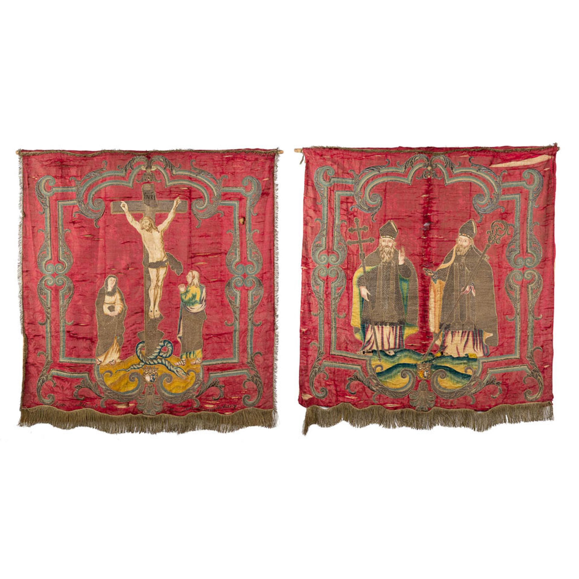 A set of antique and matching banners, finished with embroideries. 18th C. (W:143 x H:145 cm)