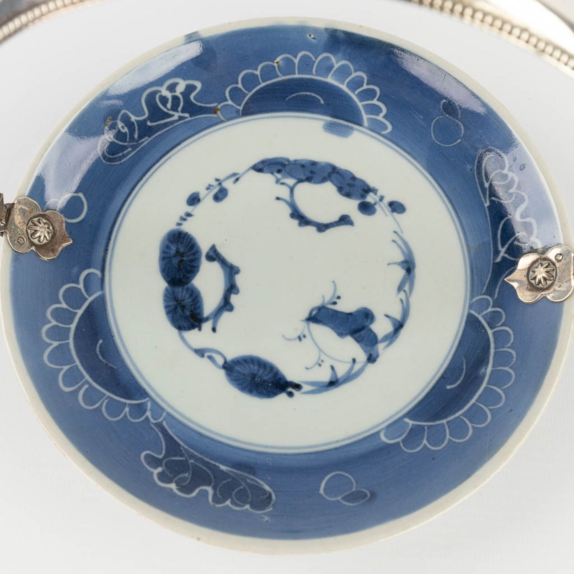 Nine Chinese blue-white decor, of which one has a silver holder. 19th/20th C. (D:23,5 cm) - Image 14 of 16