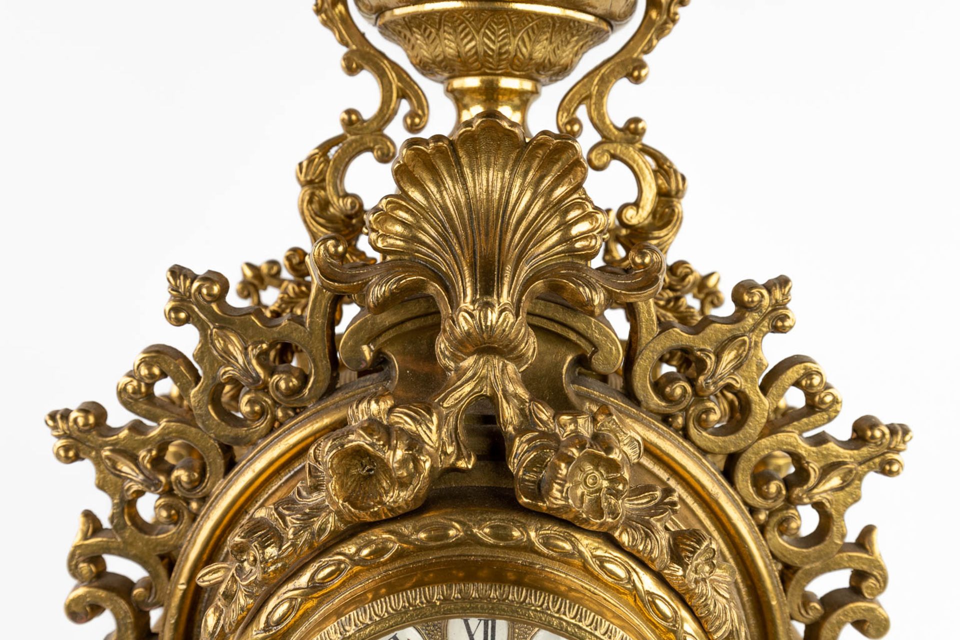 A three-piece mantle garniture clock, bronze, clock and candelaba. 20th C. (L:17 x W:26 x H:67 cm) - Image 14 of 19