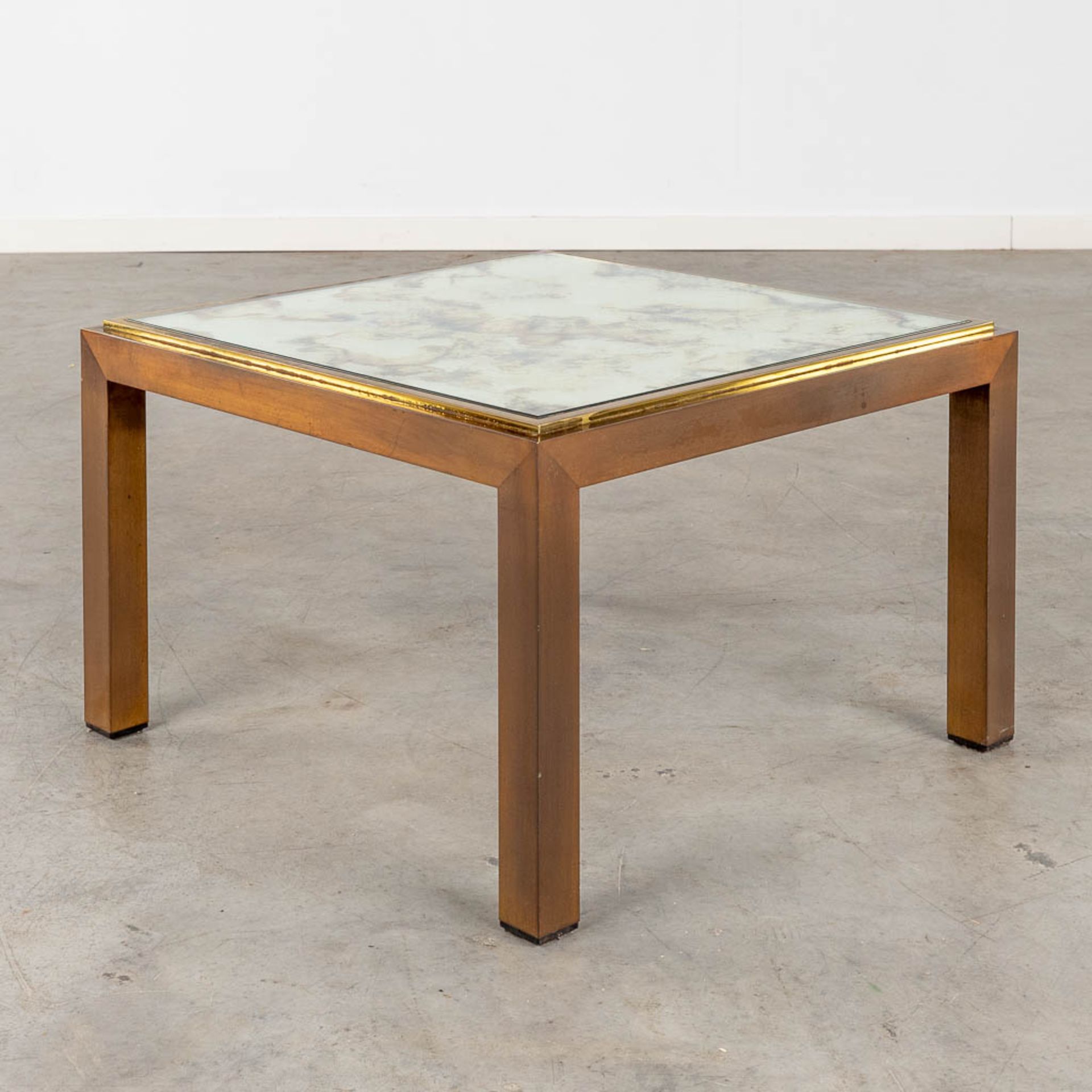 Belgo Chrome, a square, brass and tinted glass side table. (L:57 x W:57 x H:37 cm)