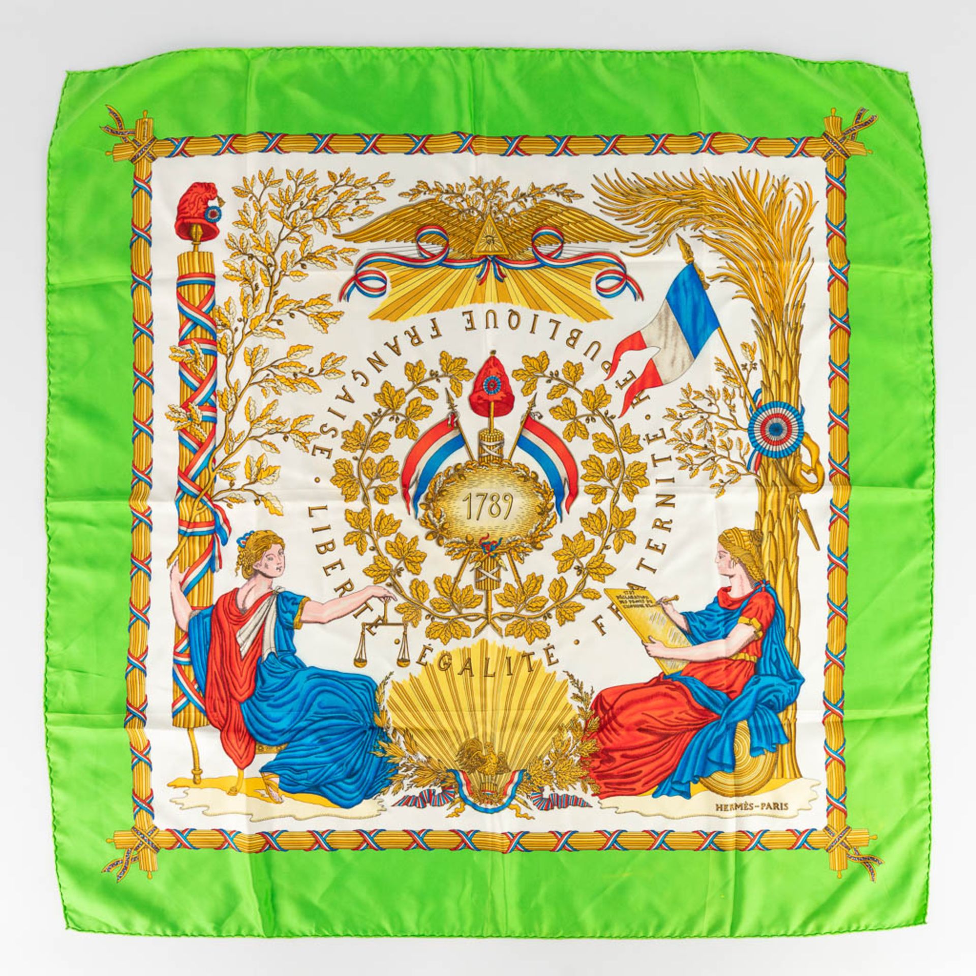 Hermès Paris, a silk scarf: 'Liberté Egalité Fraternité' (W:90 x H:90 cm)