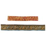 Two antique pieces of textile, 17th and 19th C. (L:240 x W:32 cm)