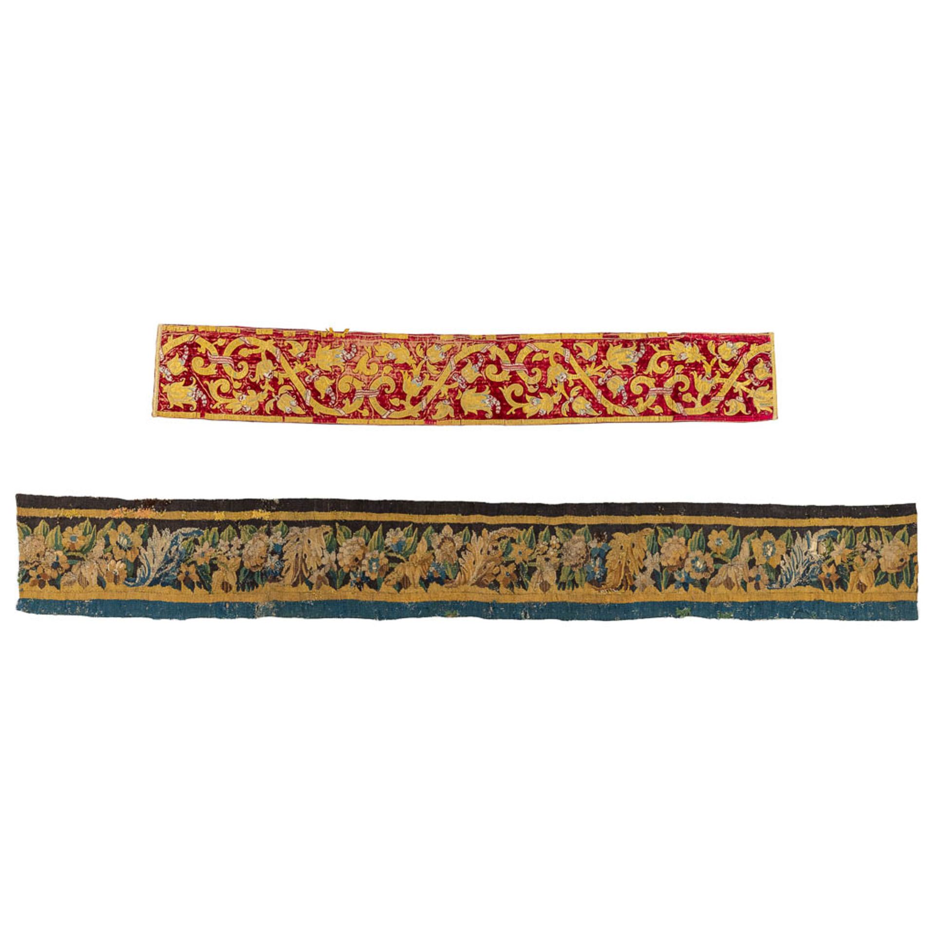 Two antique pieces of textile, 17th and 19th C. (L:240 x W:32 cm)