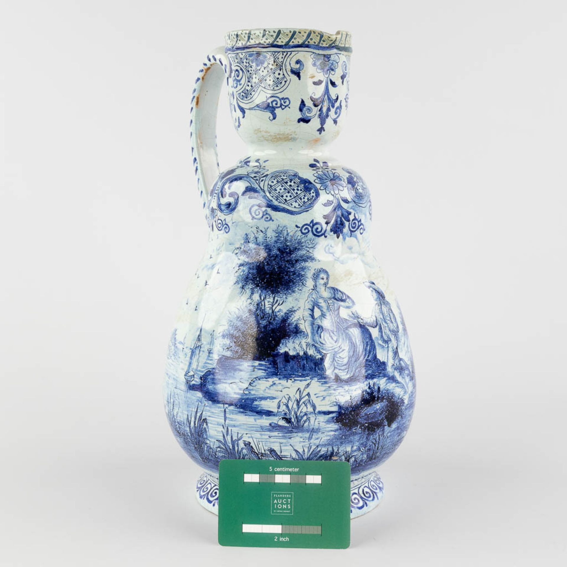 Delft, an antique pitcher with romantic scène, blue-white faience. 18th c. (L:17 x W:20 x H:33 cm) - Image 2 of 20