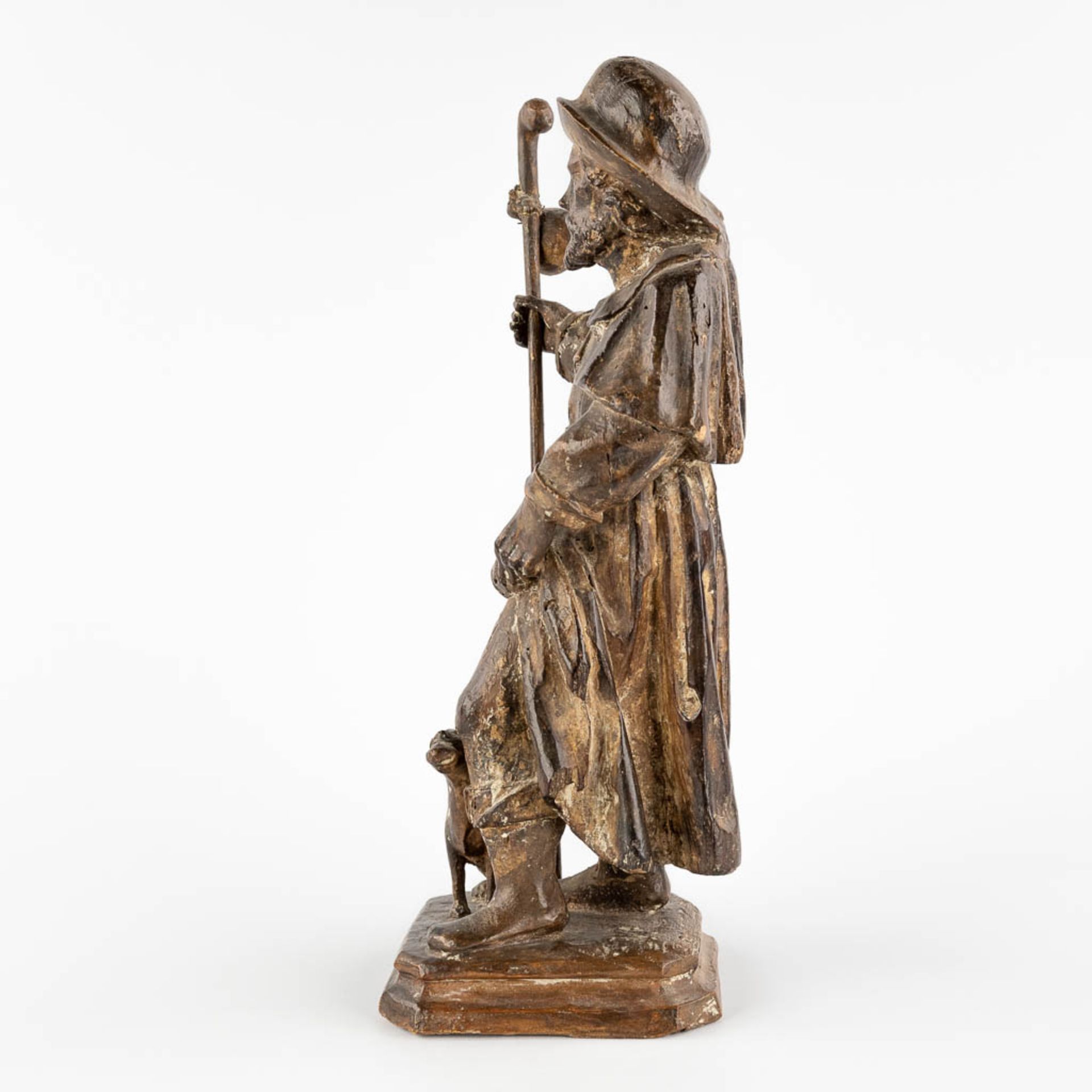 An antique wood sculpture of Saint Rochus and his dog. 18th/19th C. (L:12,5 x W:14 x H:34 cm) - Image 6 of 12