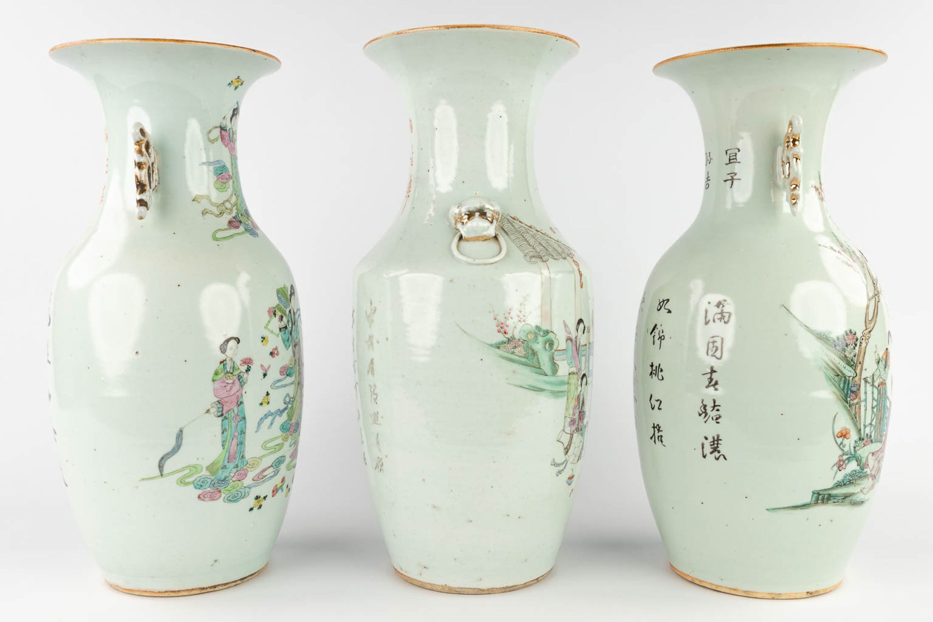 Three Chinese vases, decorated with ladies in the garden. 19th/20th C. (H:44 x D:21 cm) - Image 3 of 19