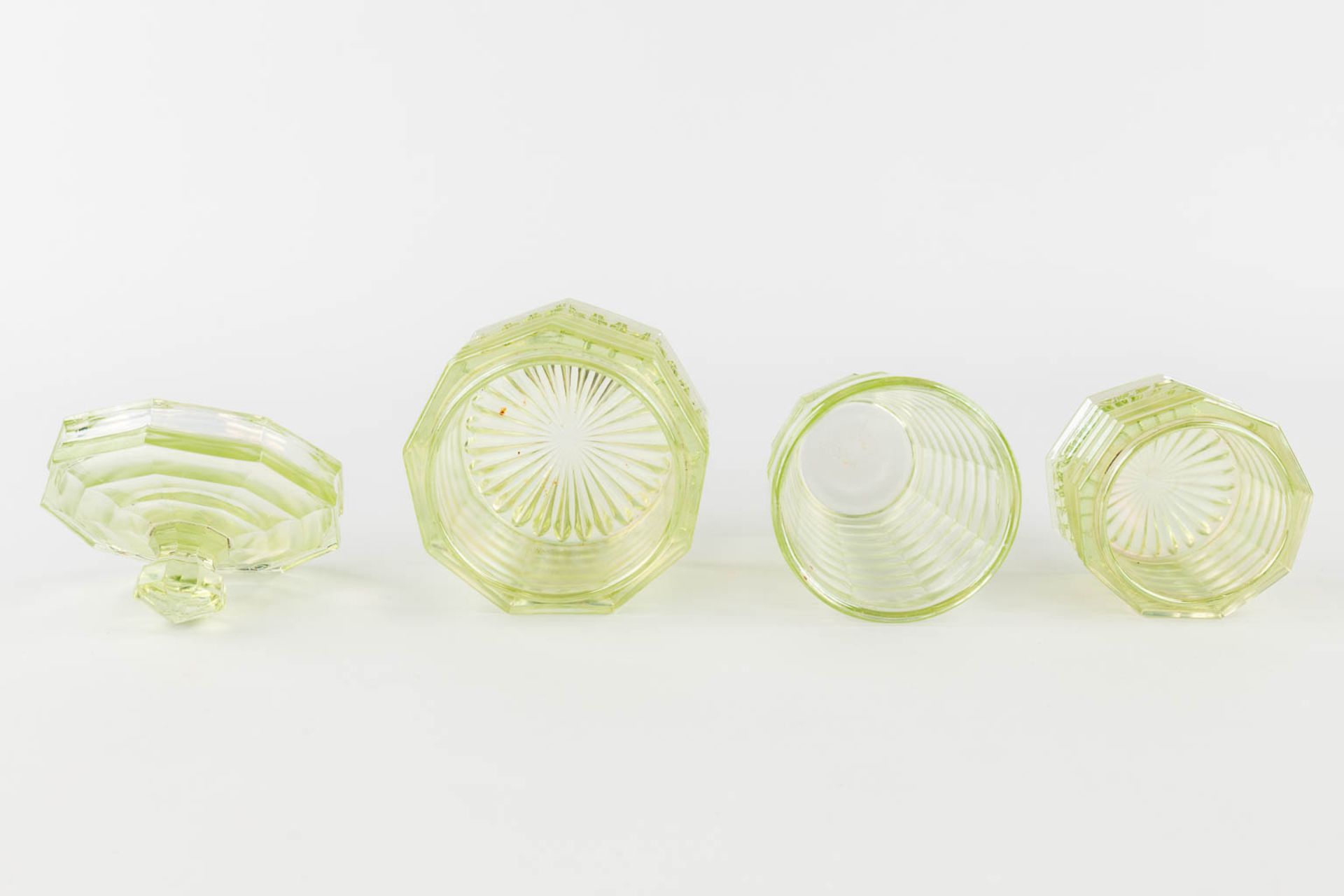 A 9-piece perfume set, made of Uranium glass. (H:21 x D:9 cm) - Image 12 of 15
