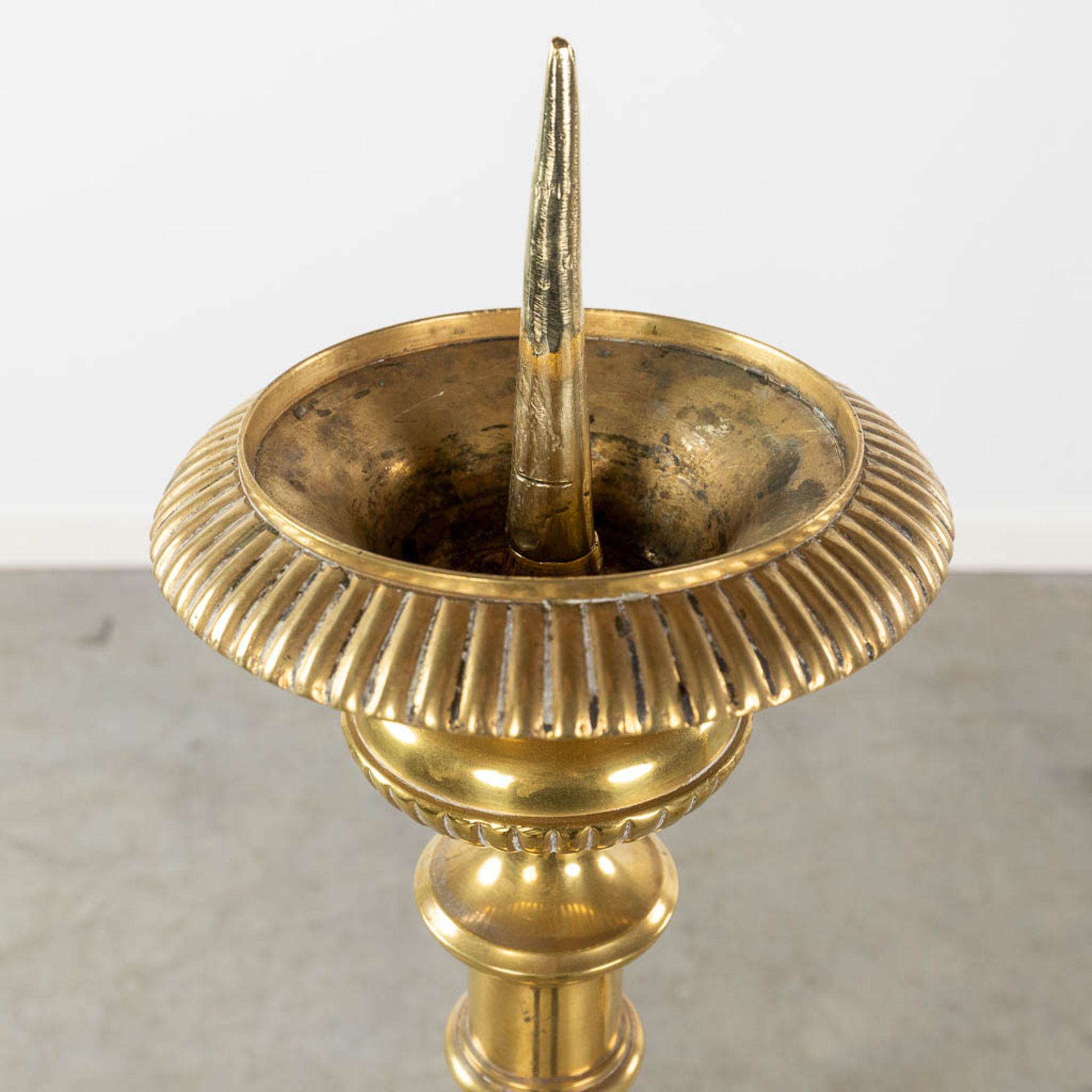 A pair of gold-plated and bronze church candle holders. Images of Joseph, Jesus and Mary. 19th C. (H - Image 10 of 12