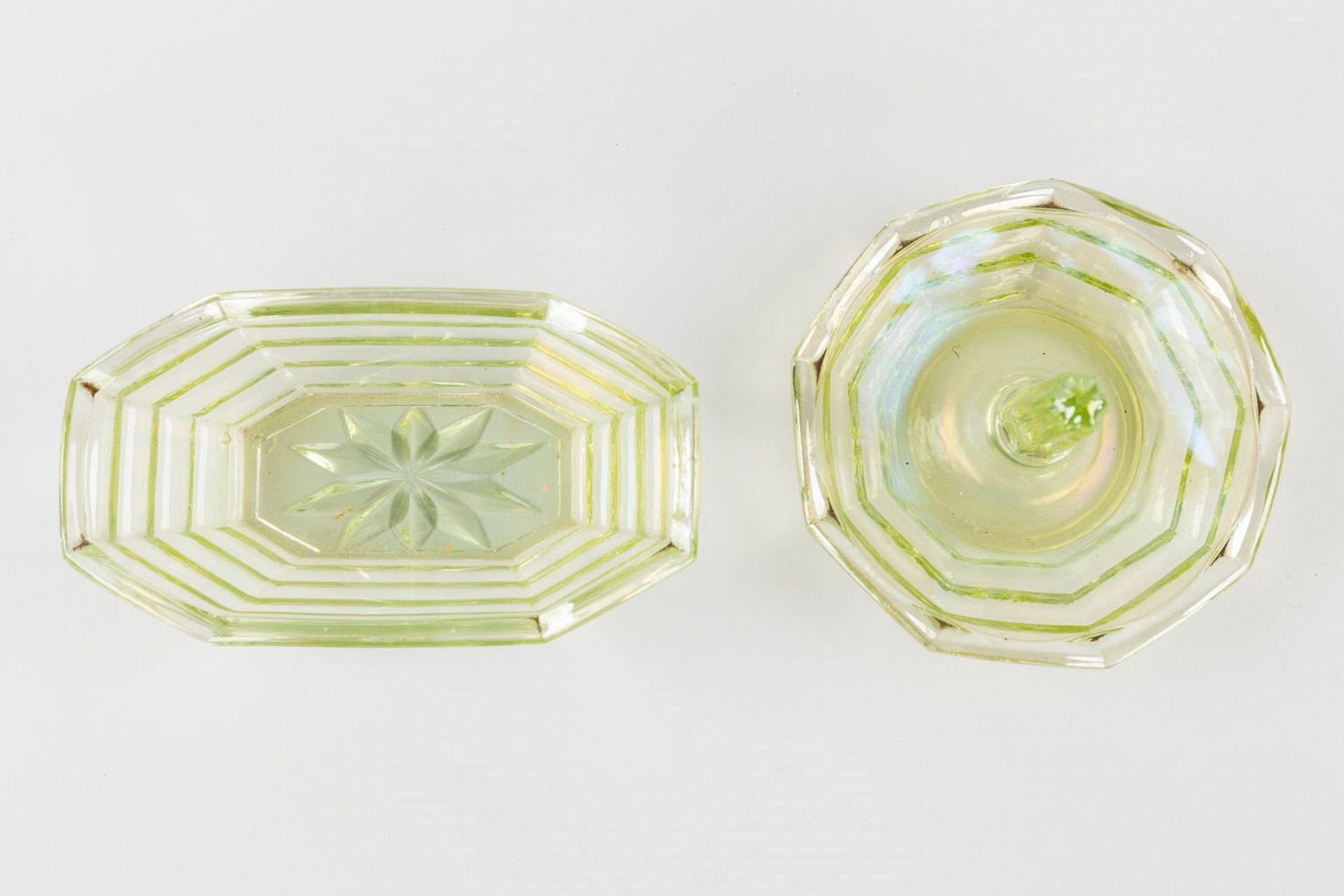 A 9-piece perfume set, made of Uranium glass. (H:21 x D:9 cm) - Image 14 of 15