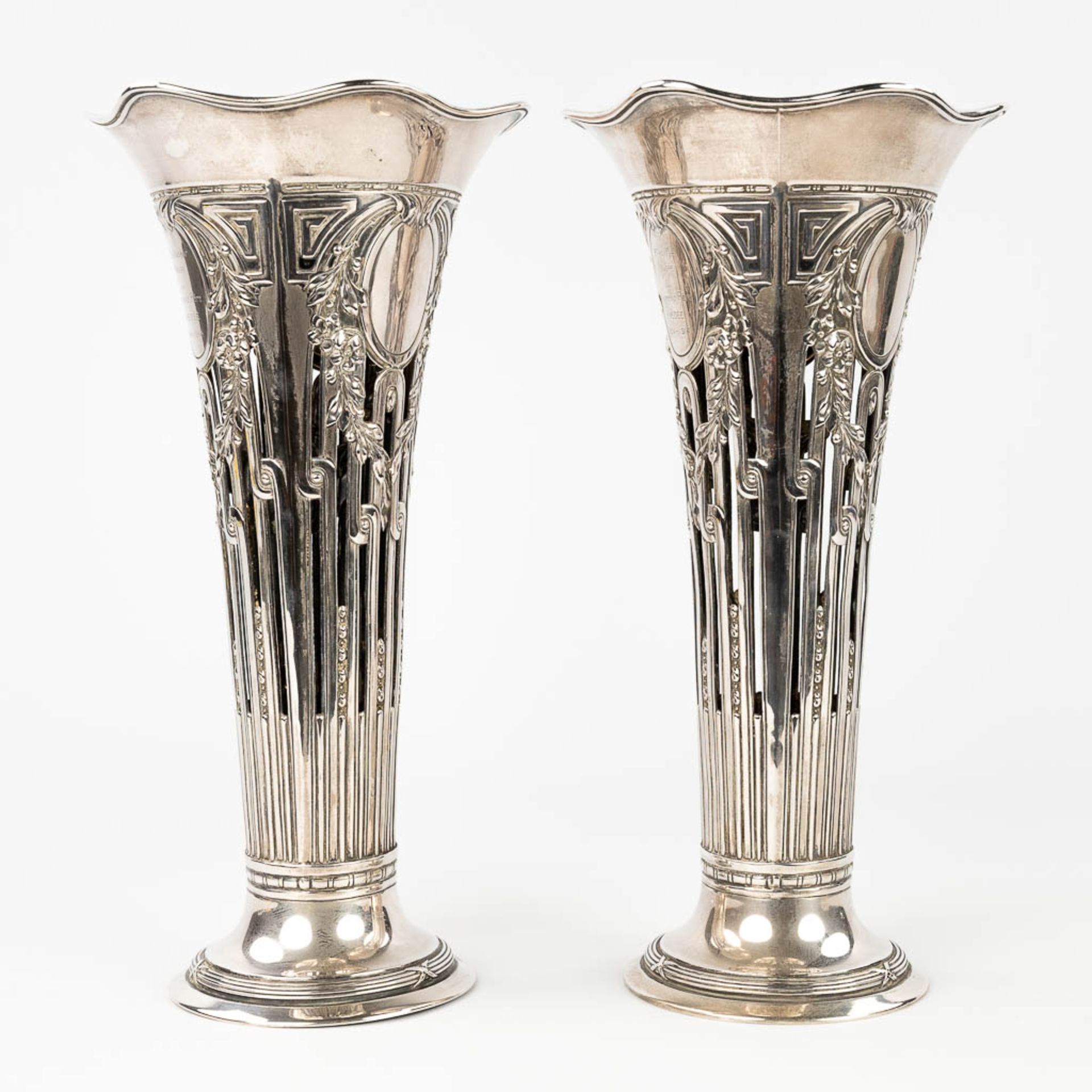 A pair of vases made of silver and marked 800. Made in Germany. 693g. 20th C. (H:31 x D:15,5 cm) - Image 8 of 14