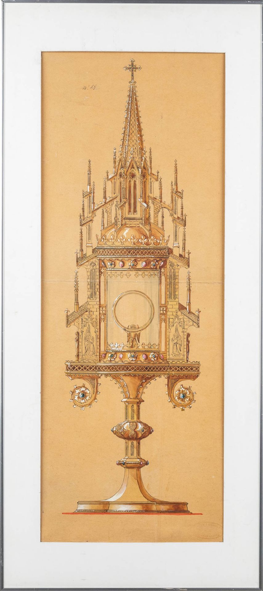 Bourdon, Ghent, an original drawing for a Monstrance, oil and pen on paper. Number 29. (W:29 x H:77 - Image 3 of 10