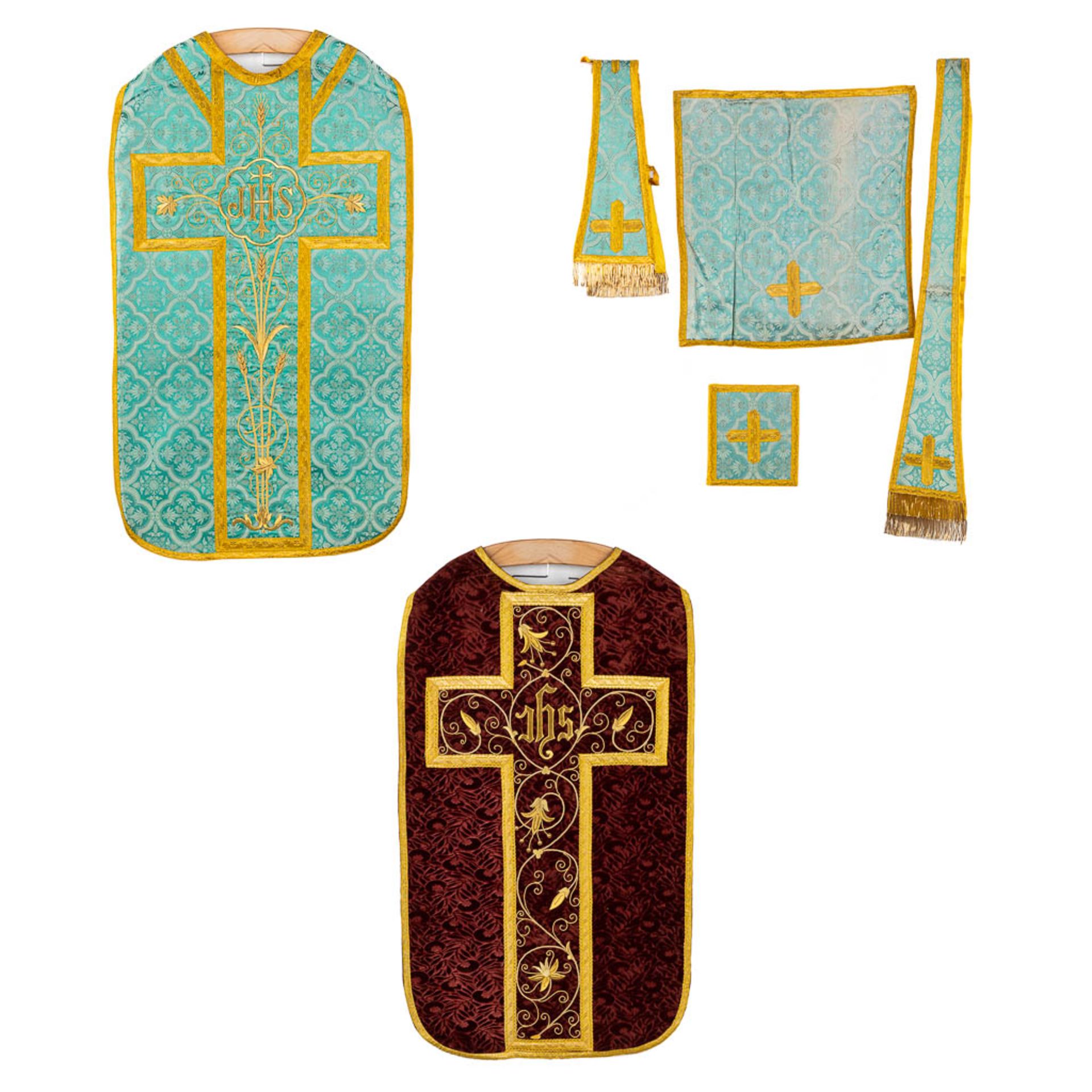 A set of Liturgical robes, 2 Roman Chasubles, maniple and stola and Chalice Veil