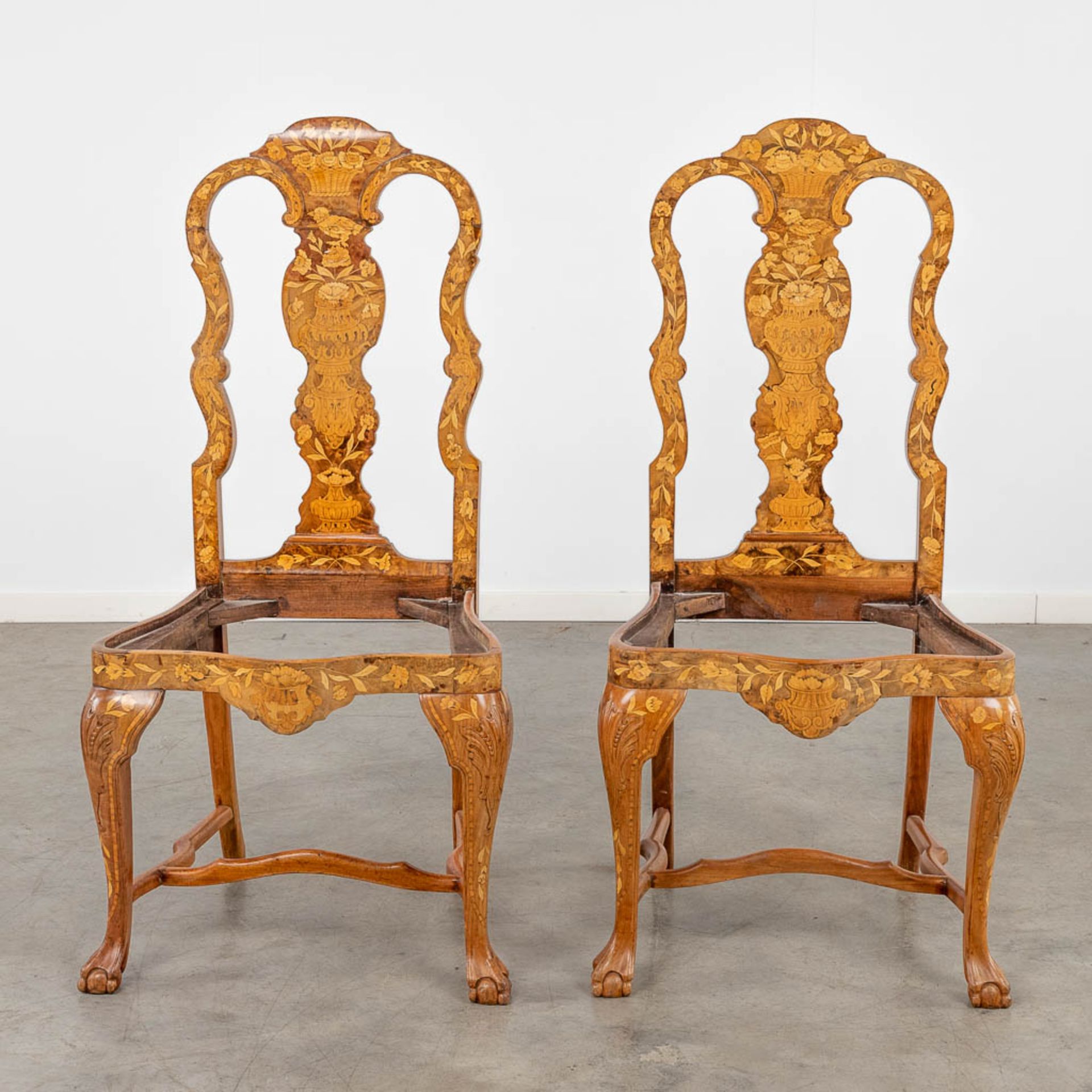 A pair of chairs with flower marquetry, 18th C. (L:46 x W:55 x H:112 cm) - Bild 7 aus 17