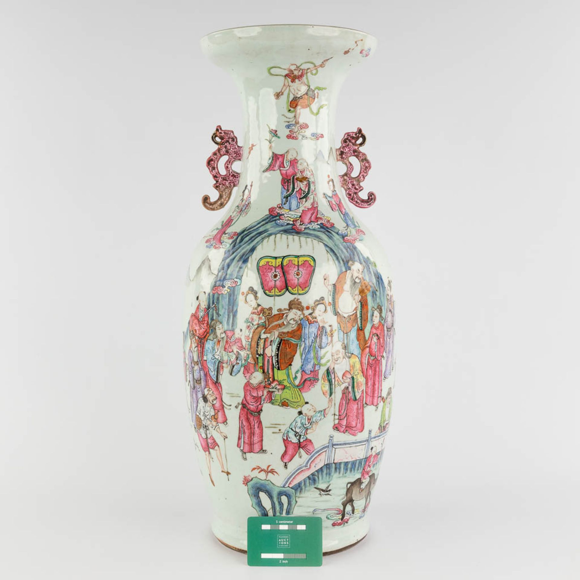 A Chinese Famille Rose vase, decorated with Wise men and items of good fortune. 19th C. (H:60 x D:25 - Image 2 of 18