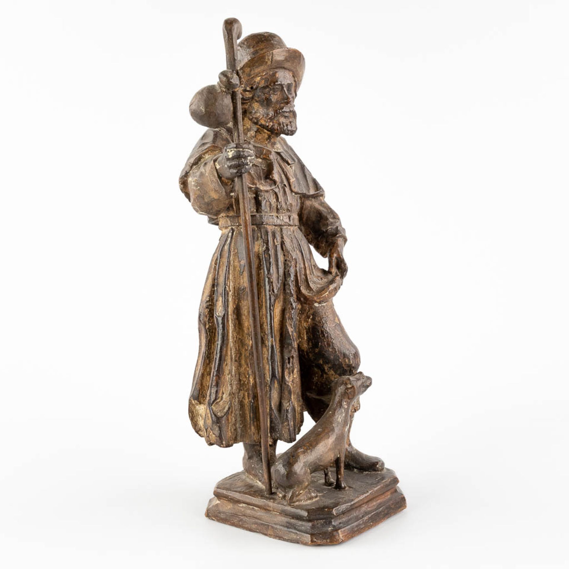An antique wood sculpture of Saint Rochus and his dog. 18th/19th C. (L:12,5 x W:14 x H:34 cm) - Image 3 of 12