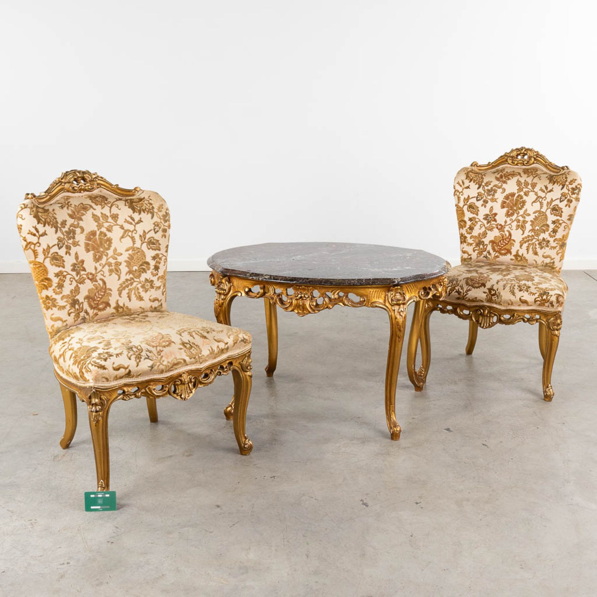 A coffee table, two matching chairs, sculptured wood in Louis XV style. (L:65 x W:85 x H:54 cm) - Bild 2 aus 25