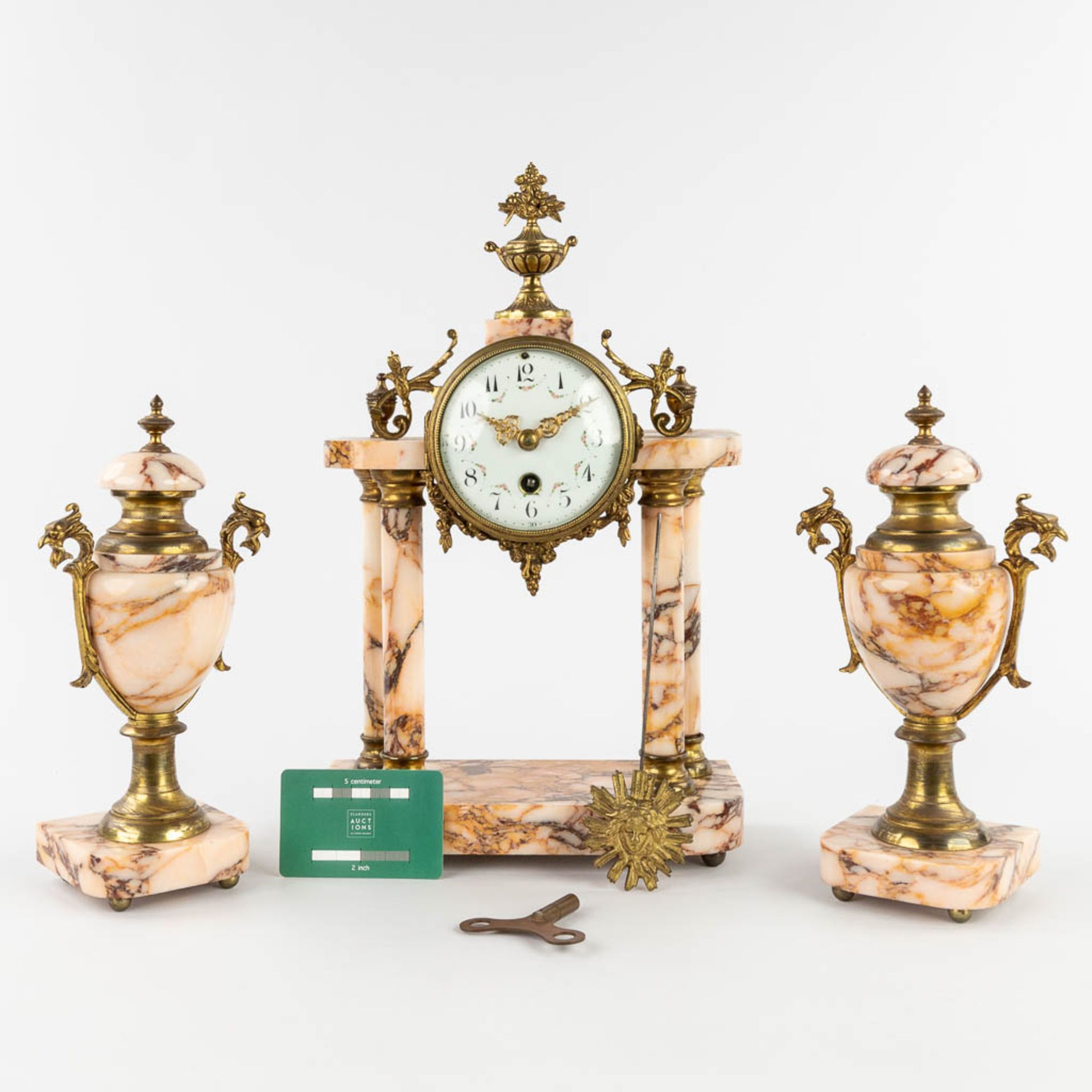 A three-piece mantle garniture, Clock with side pieces, marble mounted with bronze. Circa 1900. (L:1 - Image 2 of 13