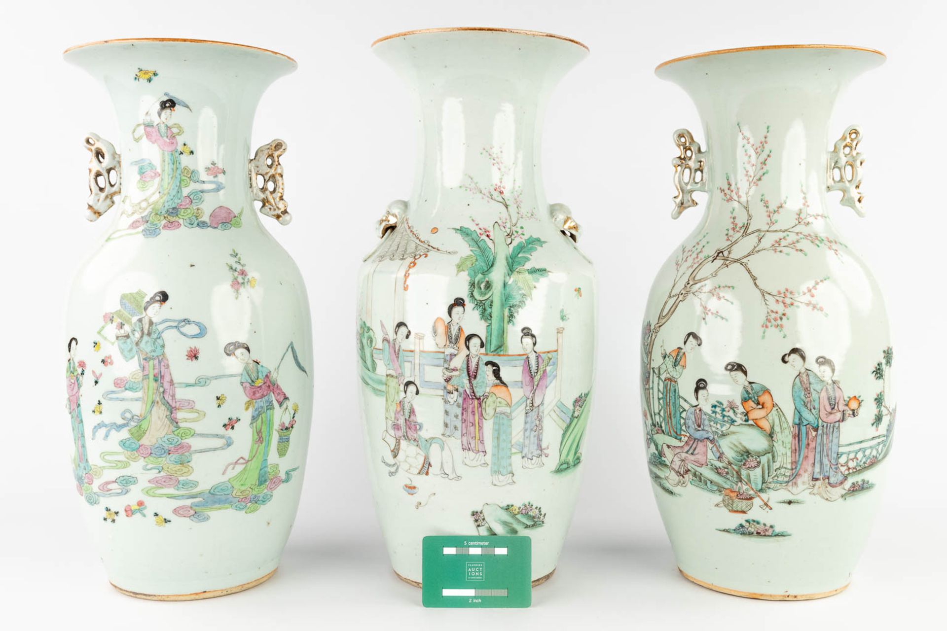 Three Chinese vases, decorated with ladies in the garden. 19th/20th C. (H:44 x D:21 cm) - Image 2 of 19