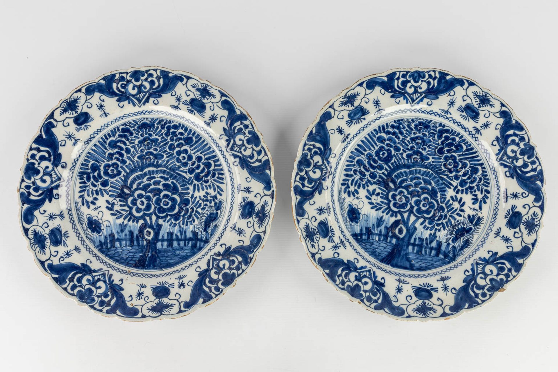 12 plates 'Peacock' or 'Pauwstaart', Delft, 18th C. (D:34,5 cm) - Image 9 of 18