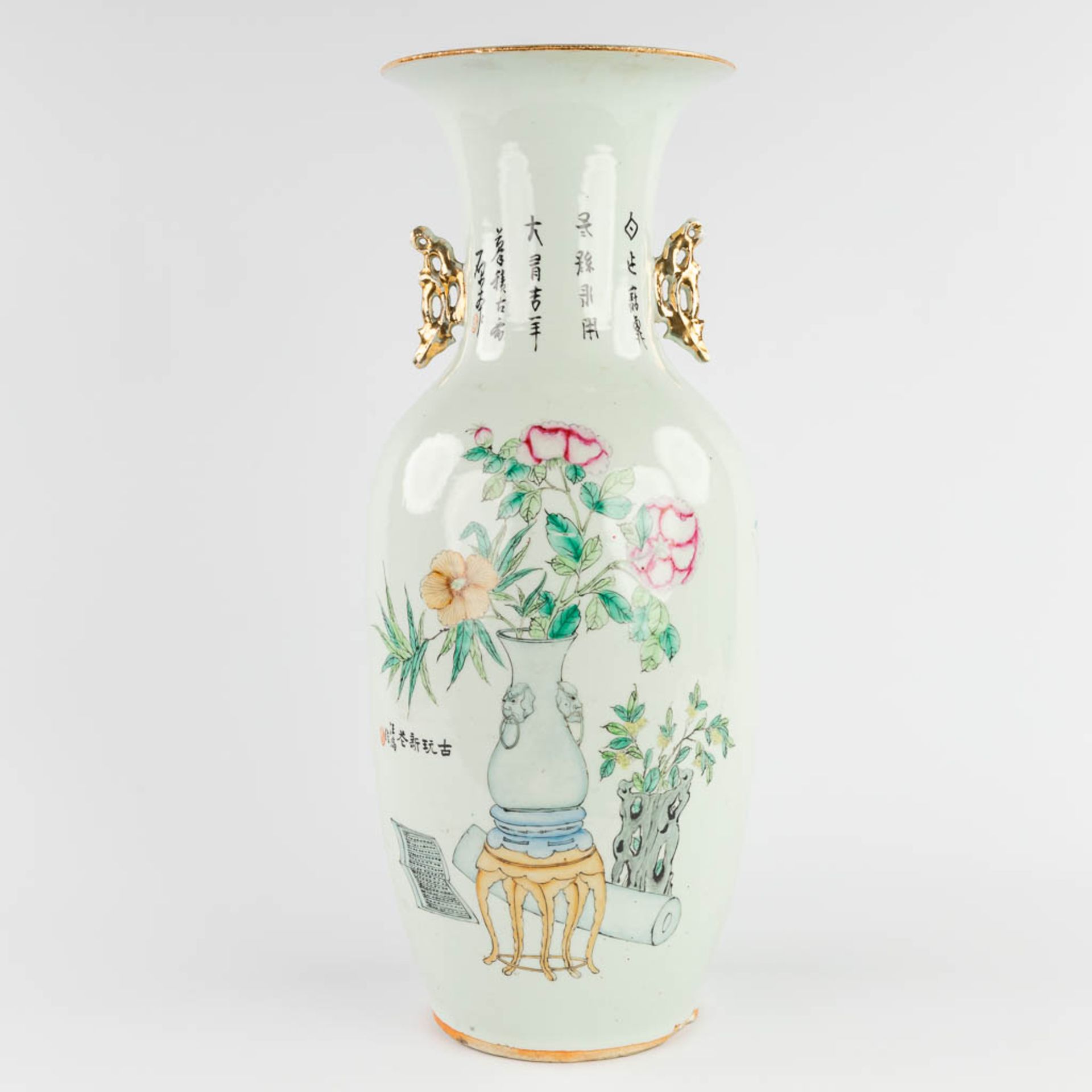 A Chinese vase, decorated with a double decor of Ladies, Wise men and Blossoms. 19th/20th C. (H:58 x - Image 5 of 14