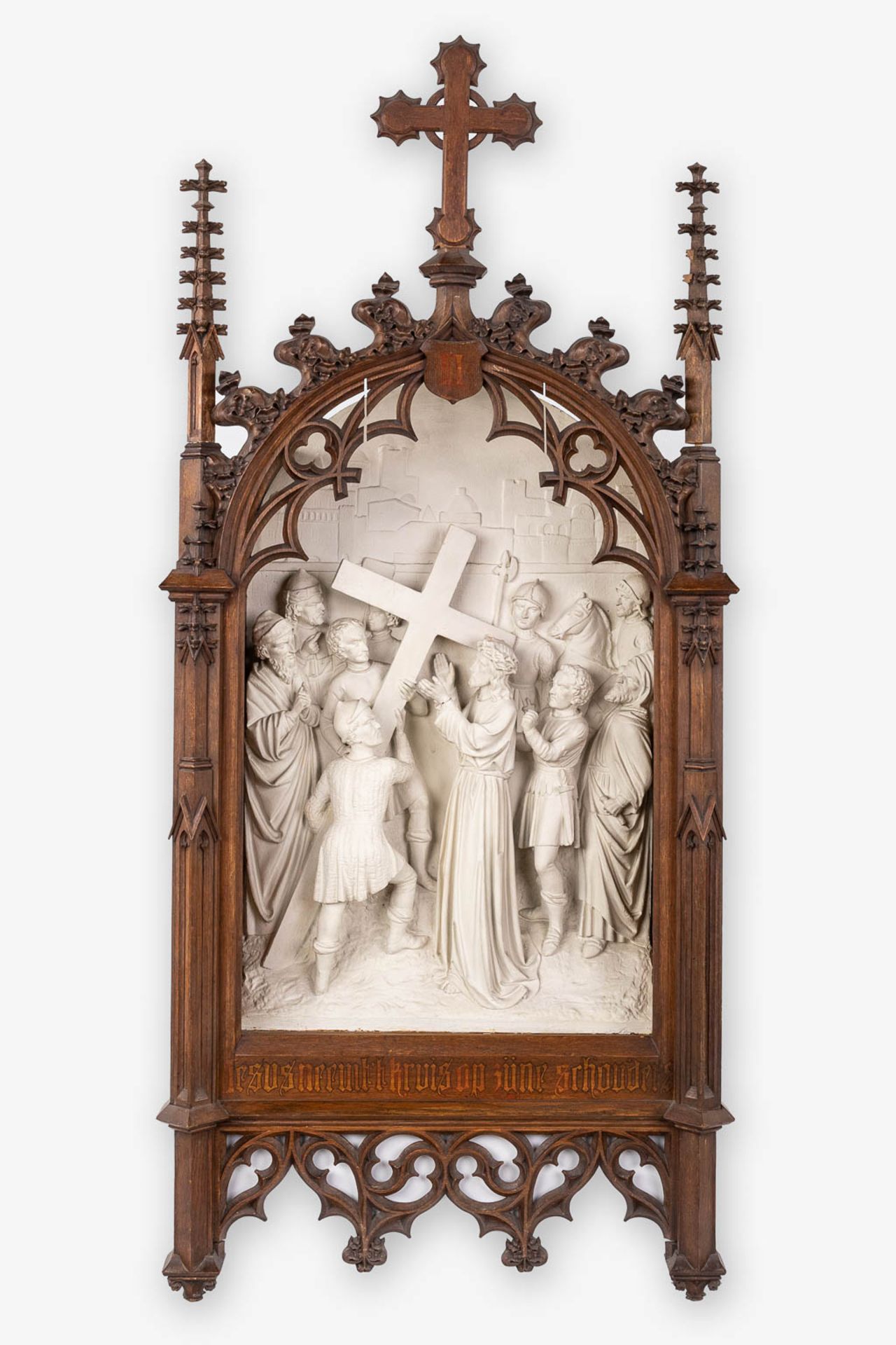 An extensive 14-piece 'Stations Of The Cross', plaster with gothic revival, wood-sculptured frames. - Image 5 of 30