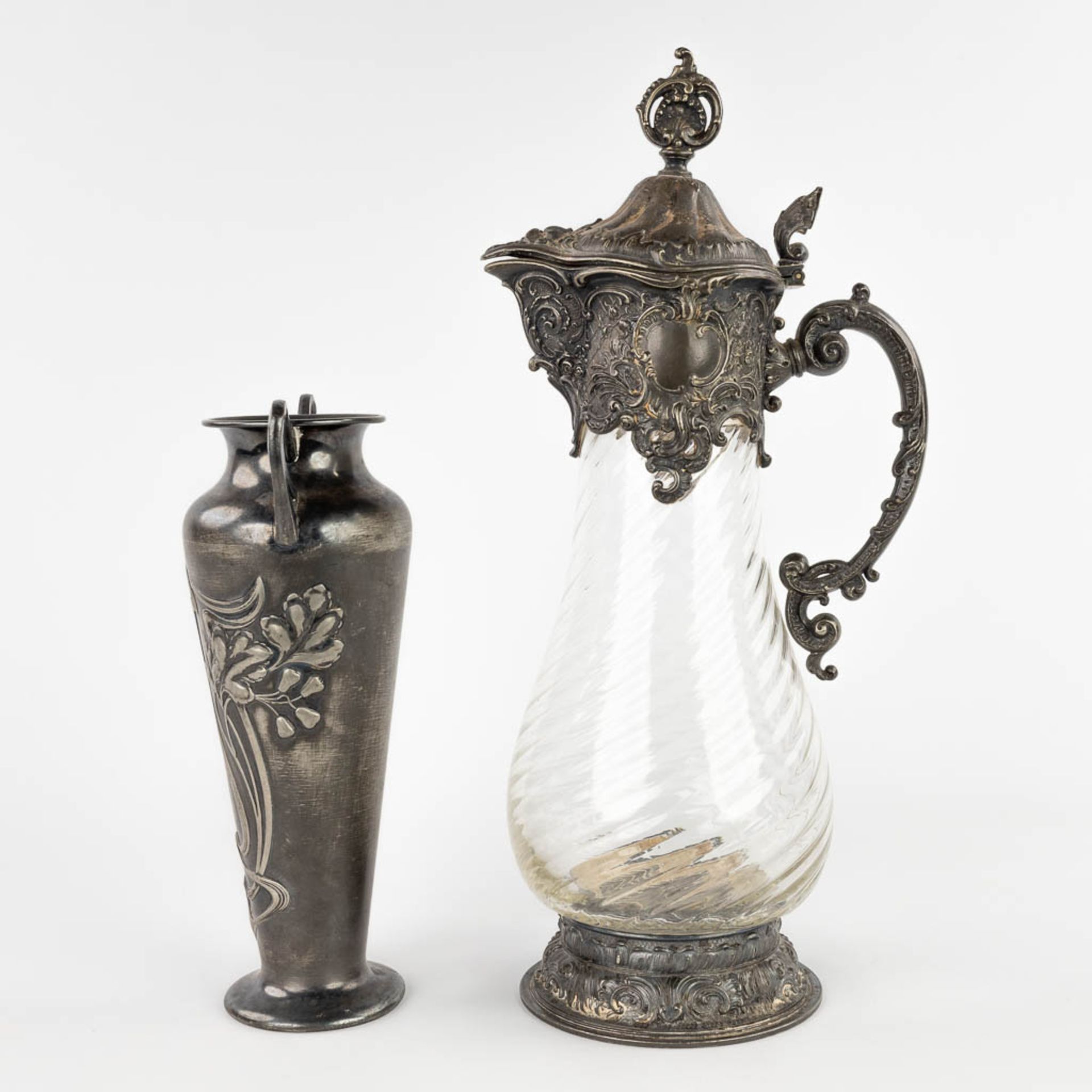 WMF, a pitcher and a vase, silver-plated metal in Art Nouveau style. (L:13,5 x W:18 x H:38 cm) - Image 6 of 15