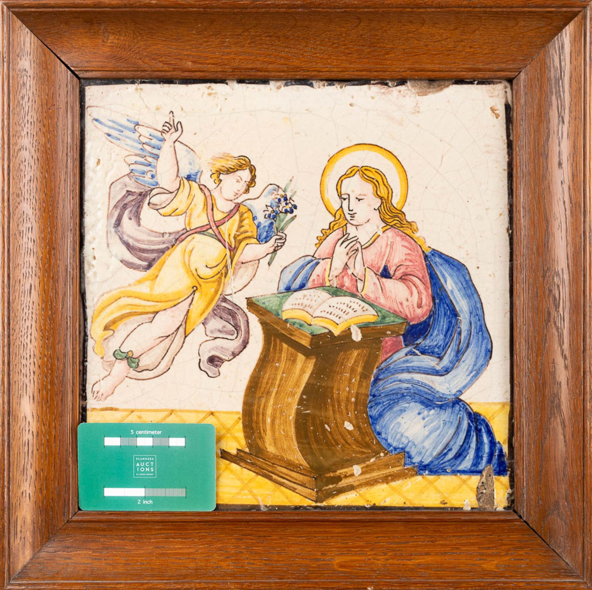 An antique framed tile, 'The Annunciation' by Archangel Gabriel. 18th C. (W:27 x H:27 cm) - Image 2 of 6