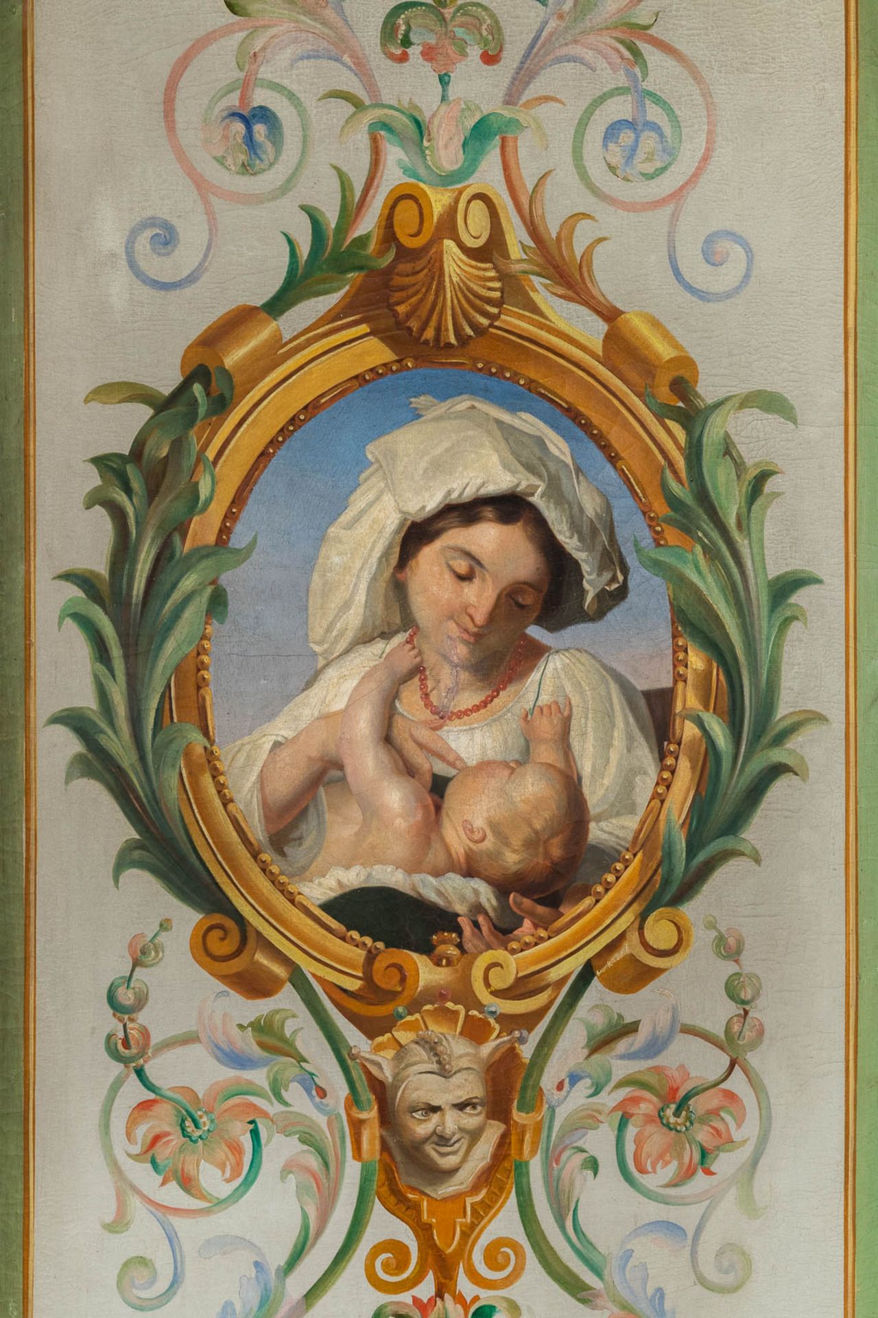 Three decorative paintings, Mother with a Child and two ladies, oil on canvas. 19th C. (W:74 x H:250 - Image 4 of 14