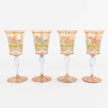 A set of 4 hand-painted and antique goblets, Murano, Salviati, 19th C. (H:17 x D:7 cm)