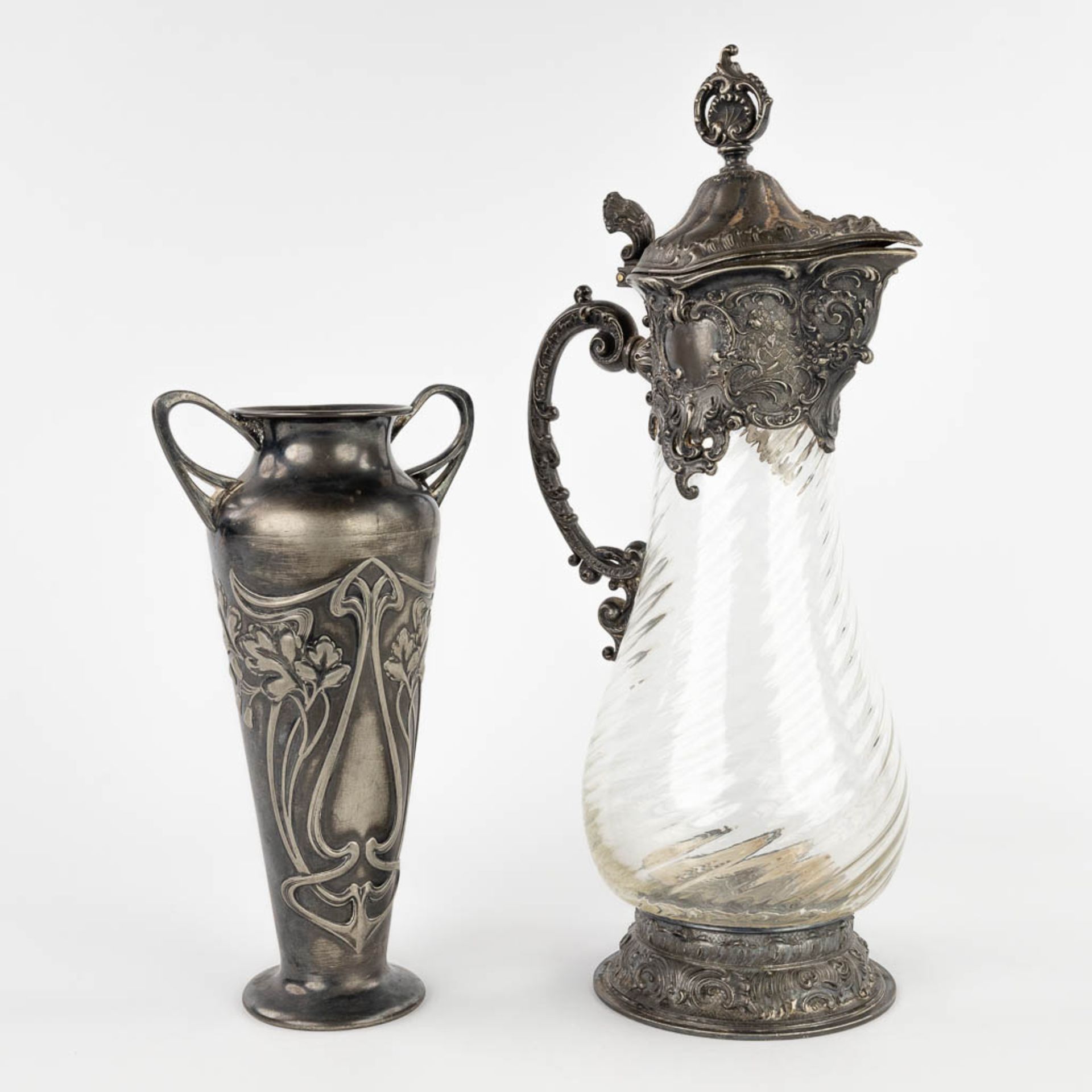 WMF, a pitcher and a vase, silver-plated metal in Art Nouveau style. (L:13,5 x W:18 x H:38 cm)
