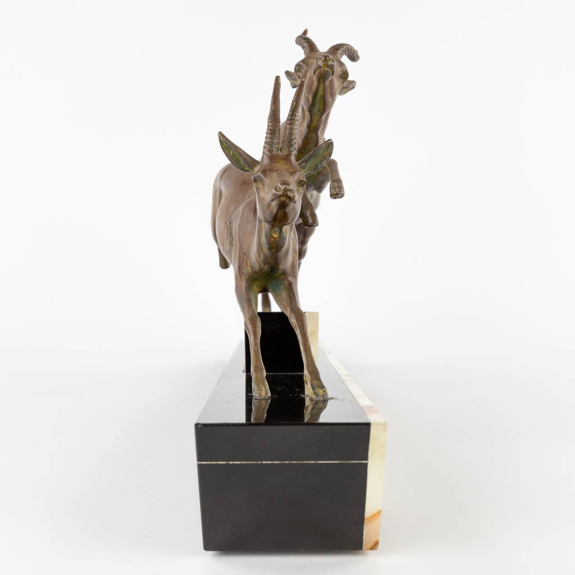 Two running deer, spelter on an onyx base, Art Deco. (L:11 x W:66 x H:31 cm) - Image 5 of 11