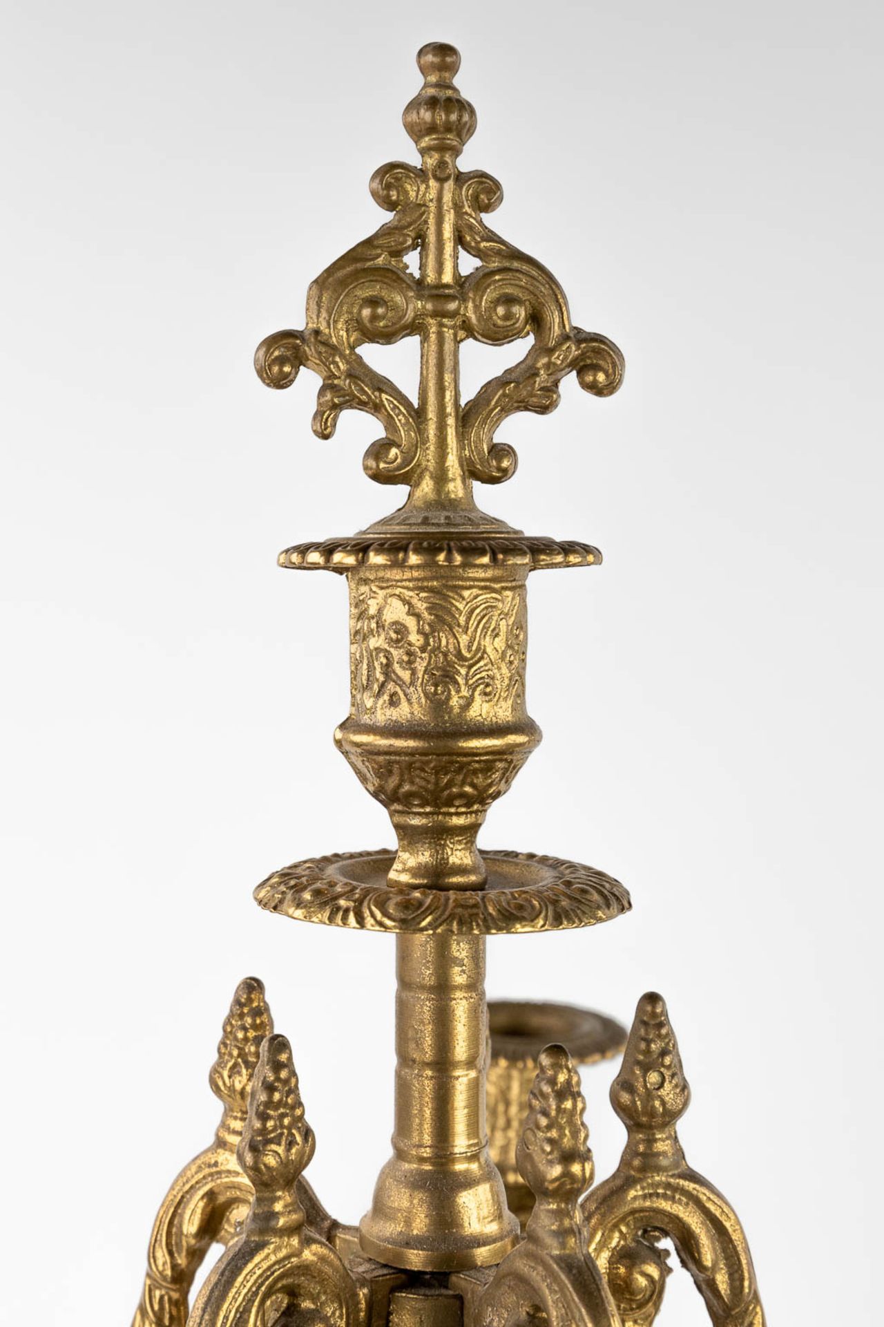 A three-piece mantle garniture clock, bronze, clock and candelaba. 20th C. (L:17 x W:26 x H:67 cm) - Image 9 of 19