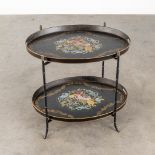 A side table with 2 oval serving trays, hand-painted flower decor. Circa 1960. (L:48 x W:63 x H:56 c