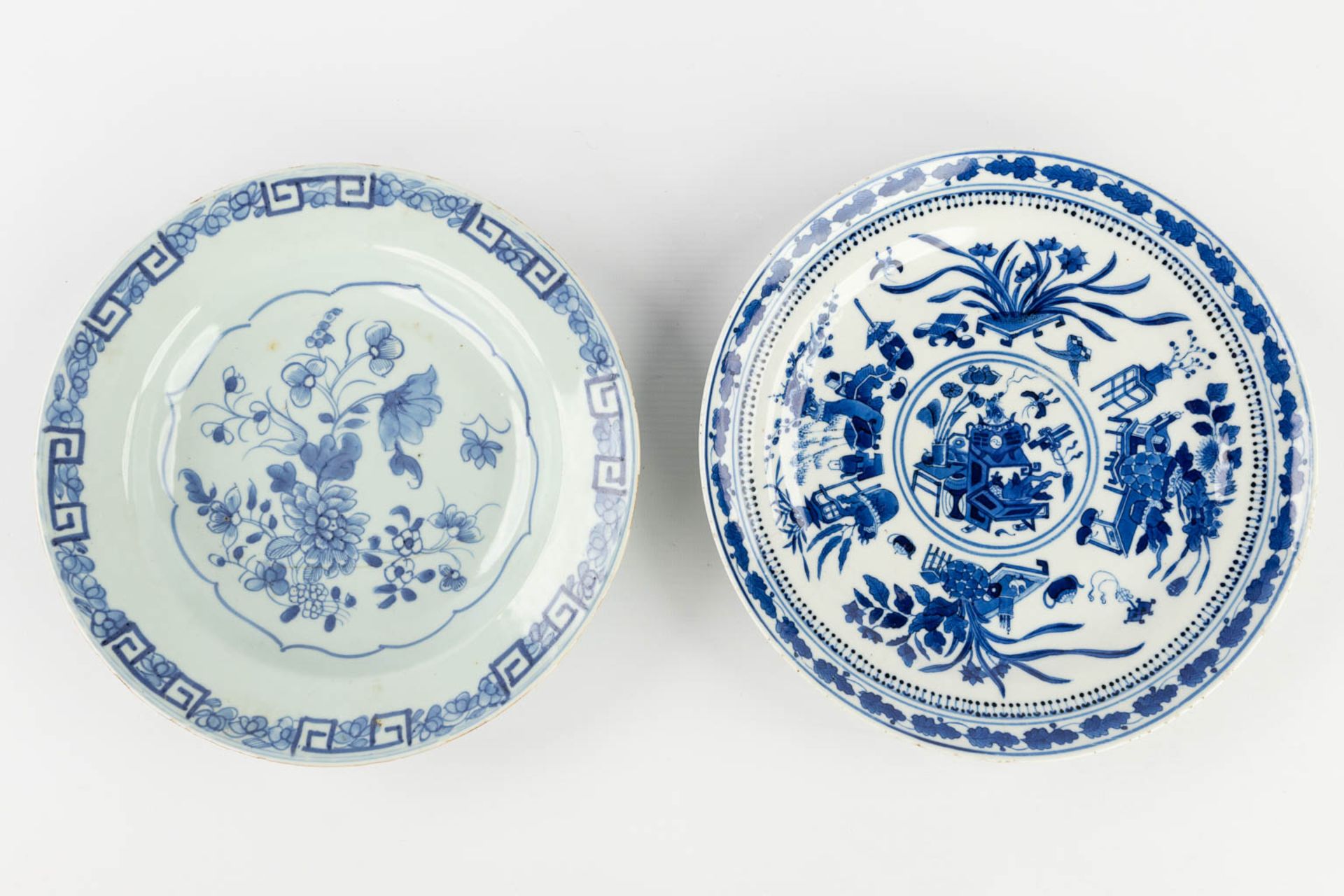 Nine Chinese blue-white decor, of which one has a silver holder. 19th/20th C. (D:23,5 cm) - Image 11 of 16