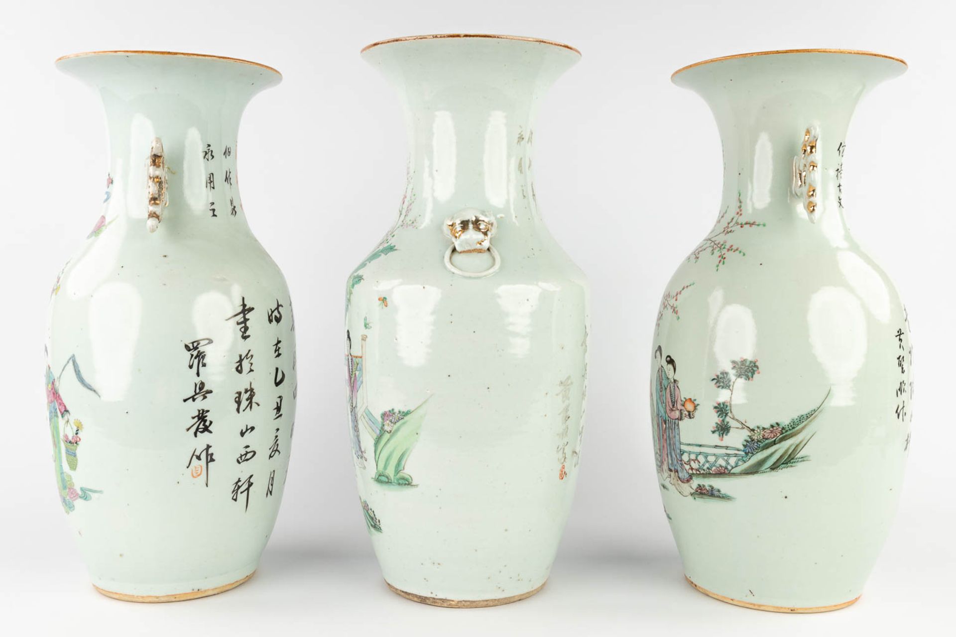 Three Chinese vases, decorated with ladies in the garden. 19th/20th C. (H:44 x D:21 cm) - Image 5 of 19