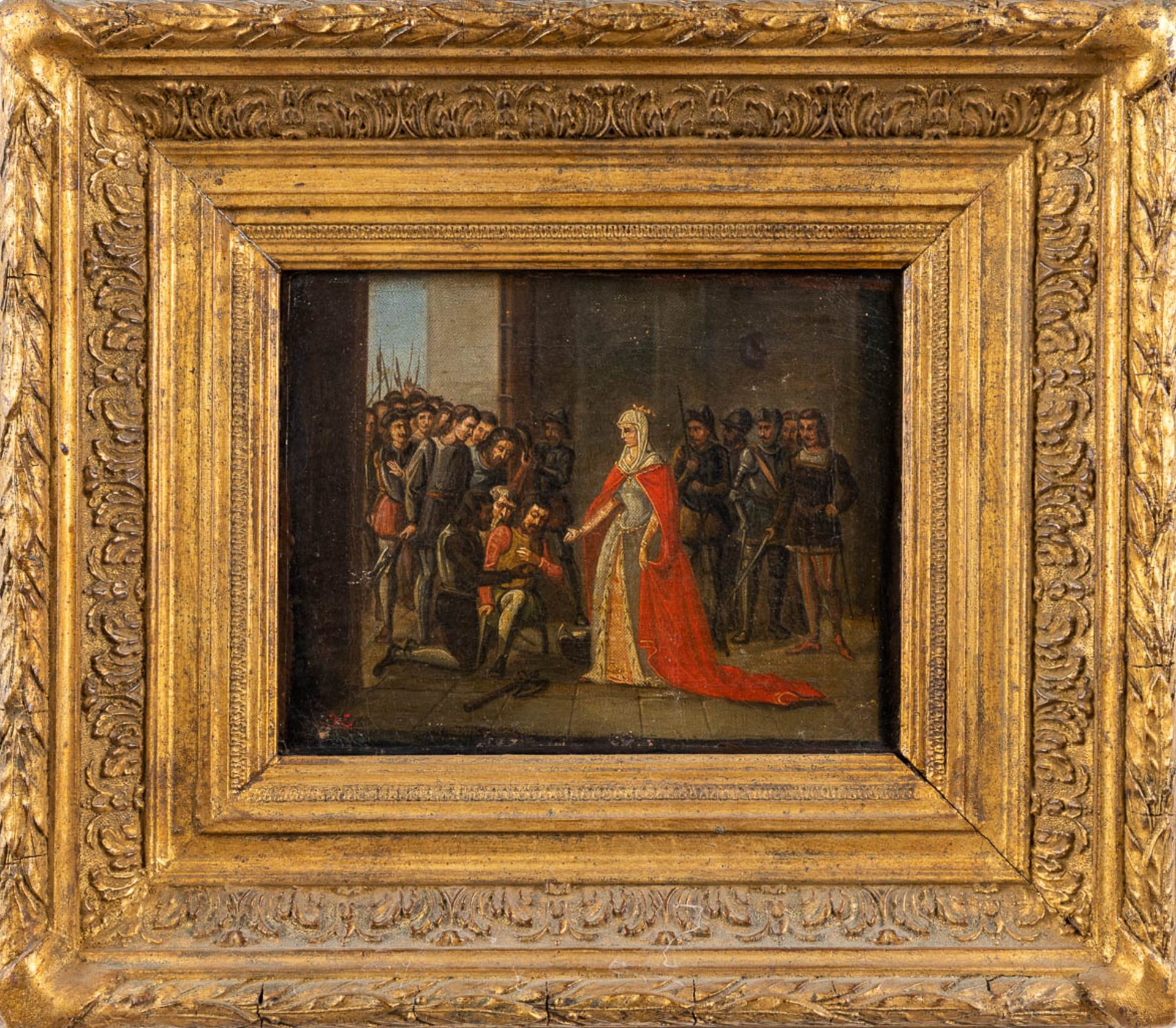 An animated Medieval scene, oil on canvas. 18th C. (W:25 x H:20 cm) - Image 3 of 8