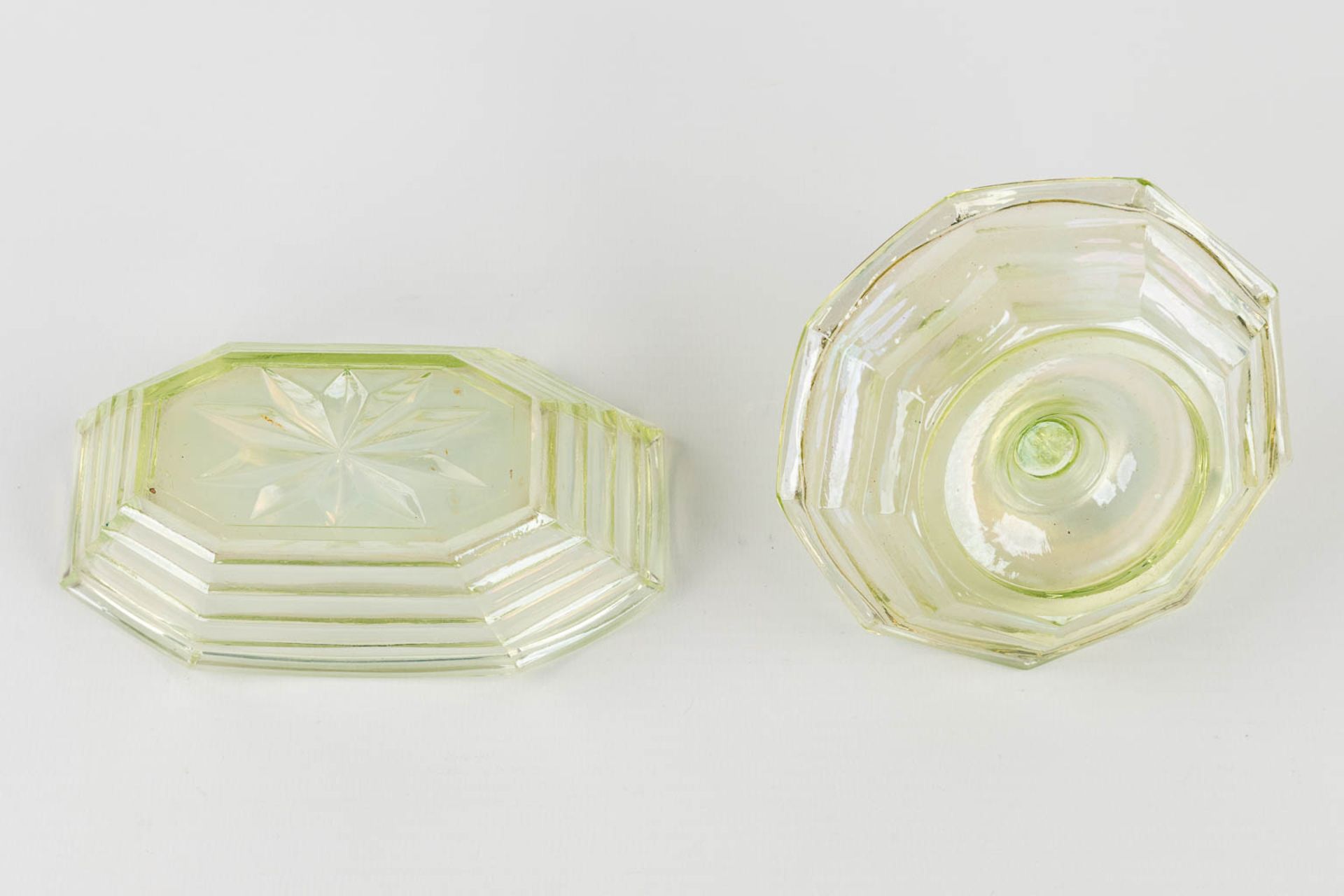 A 9-piece perfume set, made of Uranium glass. (H:21 x D:9 cm) - Image 15 of 15