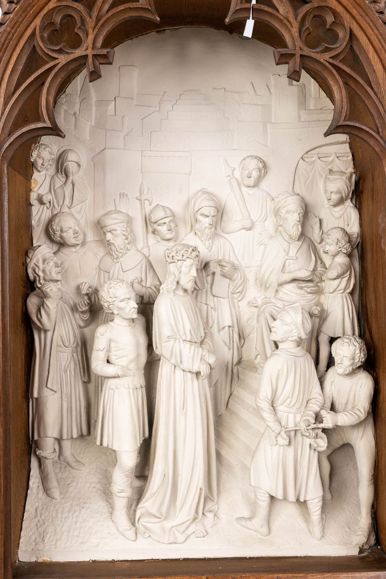 An extensive 14-piece 'Stations Of The Cross', plaster with gothic revival, wood-sculptured frames. - Image 4 of 30