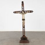 An antique wood-sculptured statue of Jesus on the cross, folk art. 18th C. (W:55 x H:112 cm)