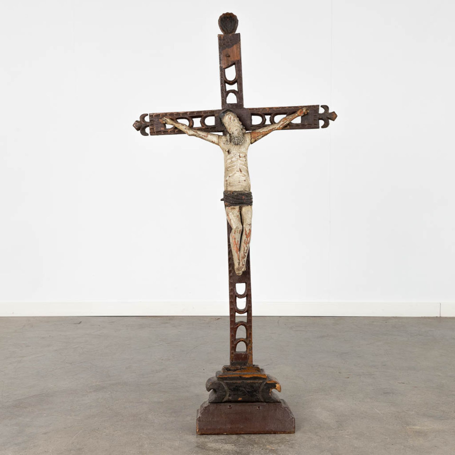 An antique wood-sculptured statue of Jesus on the cross, folk art. 18th C. (W:55 x H:112 cm)