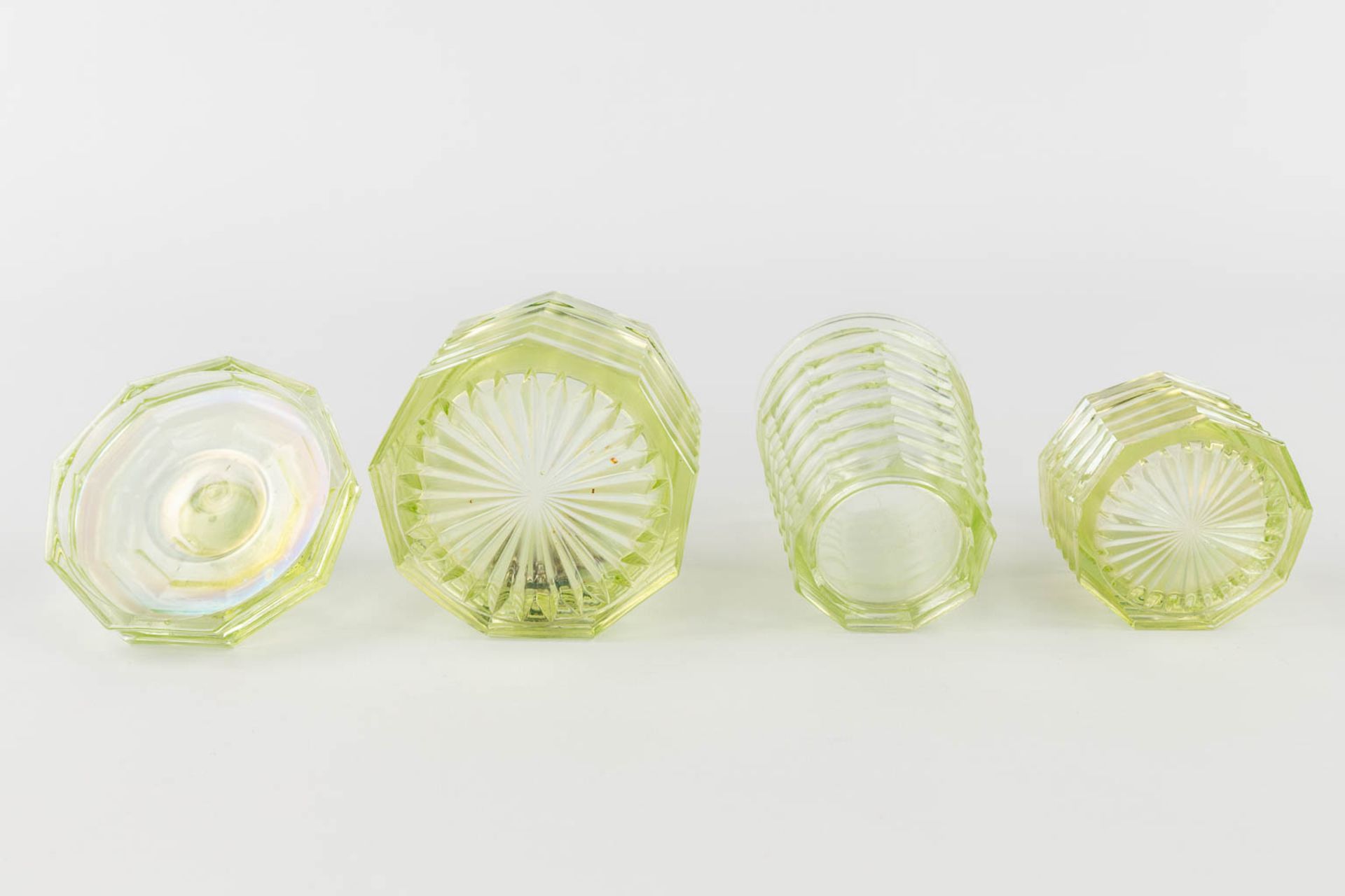 A 9-piece perfume set, made of Uranium glass. (H:21 x D:9 cm) - Image 11 of 15