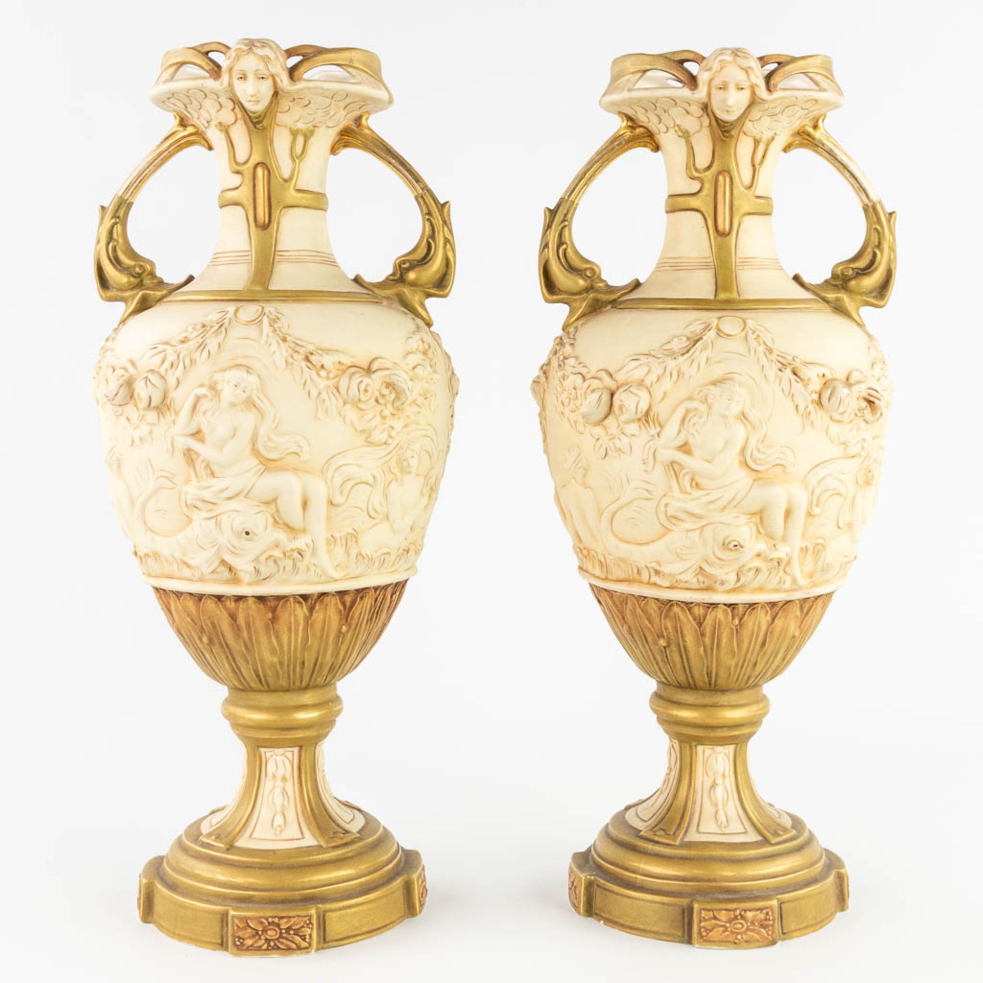 Royal Dux, a three-piece mantle garniture consisting of a statue and two vases. (L:20 x W:28 x H:43 - Image 16 of 25