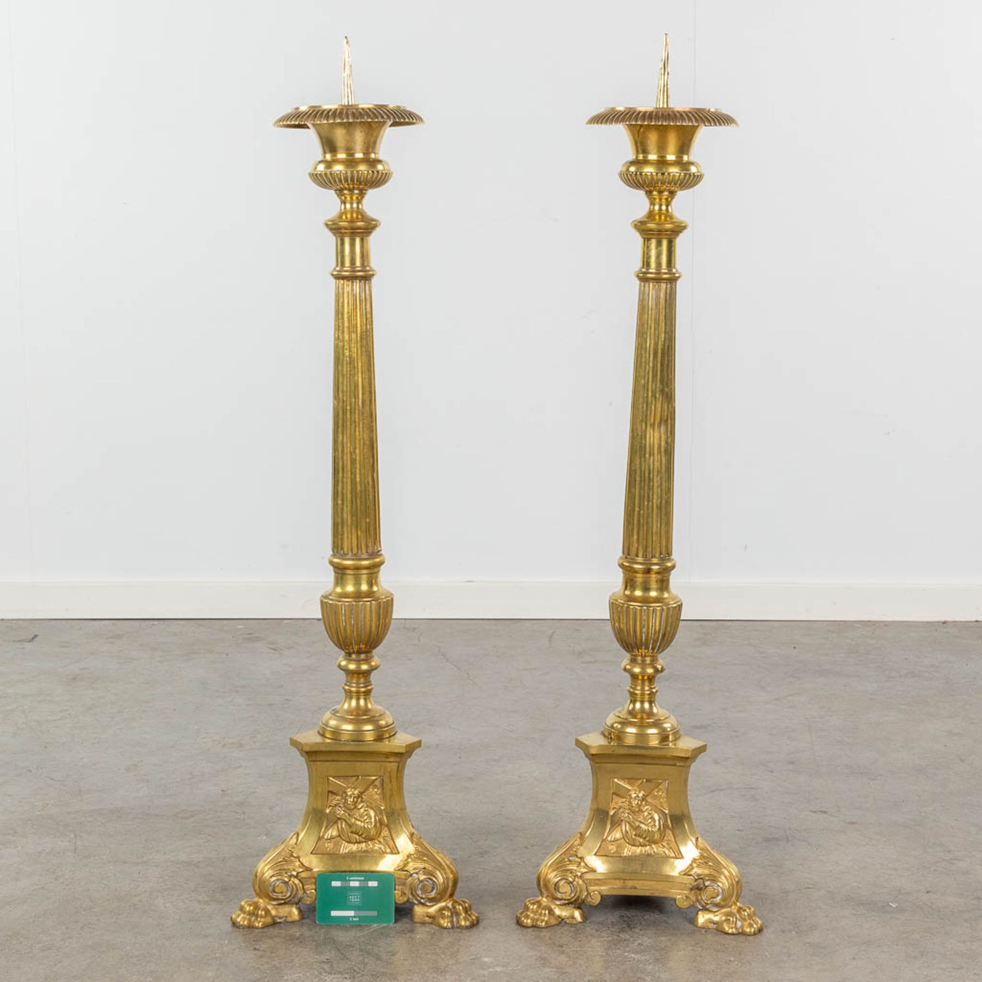 A pair of gold-plated and bronze church candle holders. Images of Joseph, Jesus and Mary. 19th C. (H - Image 2 of 12
