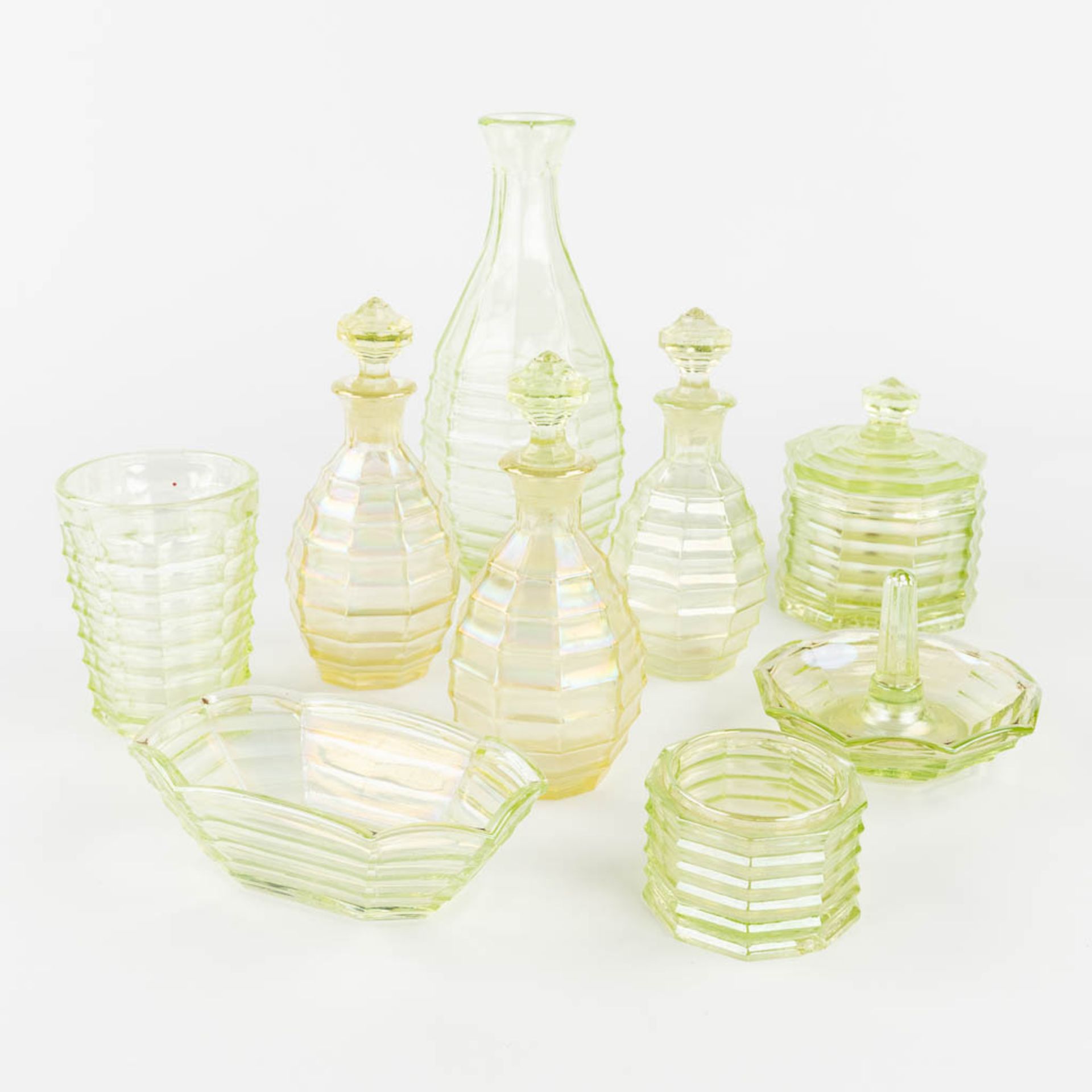 A 9-piece perfume set, made of Uranium glass. (H:21 x D:9 cm) - Image 3 of 15