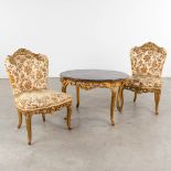 A coffee table, two matching chairs, sculptured wood in Louis XV style. (L:65 x W:85 x H:54 cm)
