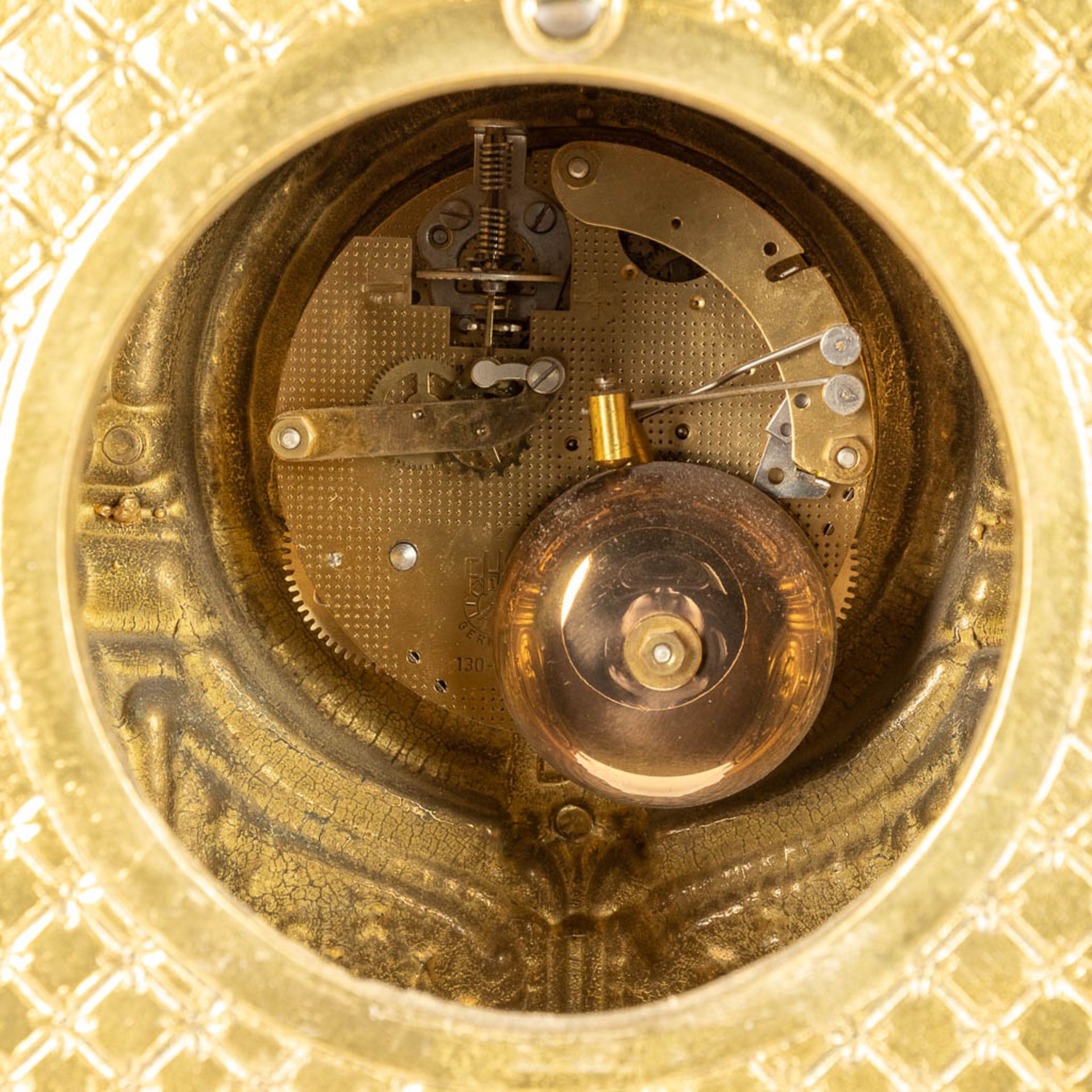 A three-piece mantle garniture clock, bronze, clock and candelaba. 20th C. (L:17 x W:26 x H:67 cm) - Image 7 of 19