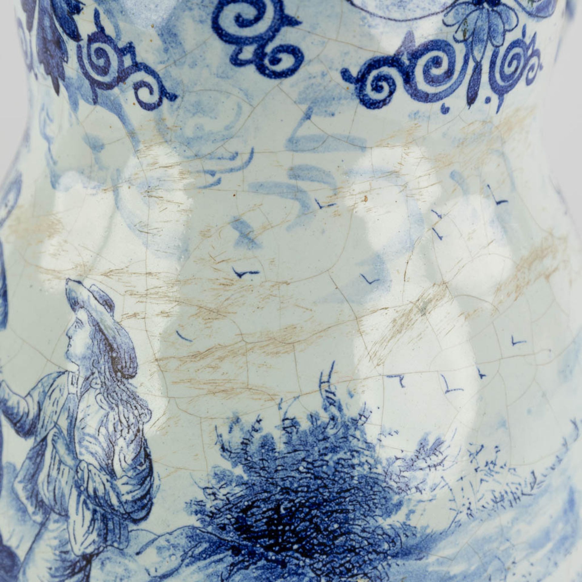 Delft, an antique pitcher with romantic scène, blue-white faience. 18th c. (L:17 x W:20 x H:33 cm) - Image 20 of 20