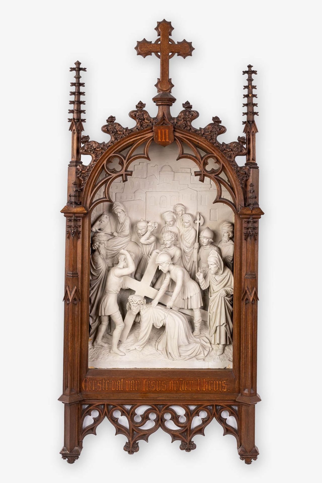 An extensive 14-piece 'Stations Of The Cross', plaster with gothic revival, wood-sculptured frames. - Image 7 of 30